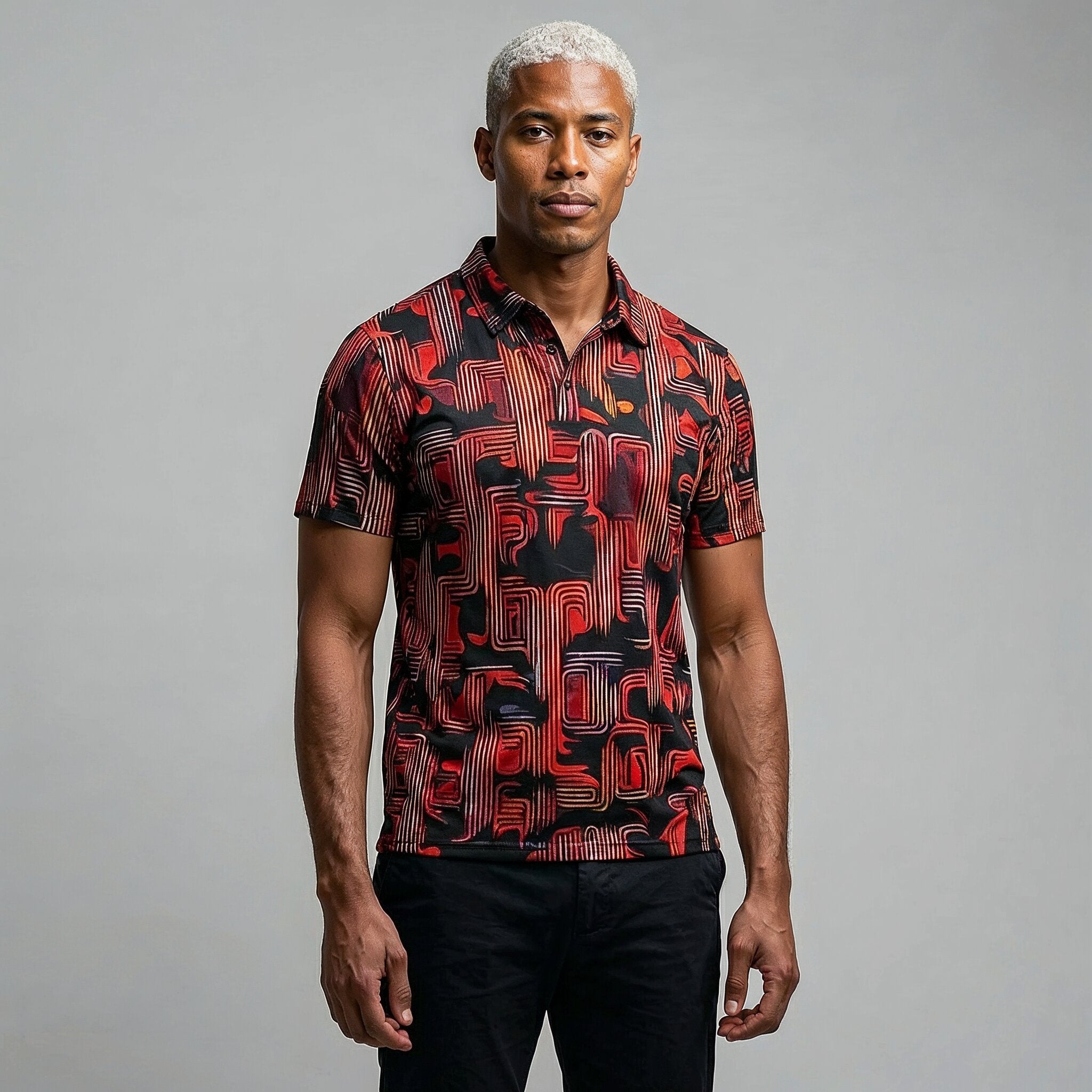 Abstract Geometric Pattern Polo Shirt | Red Black Retro Maze