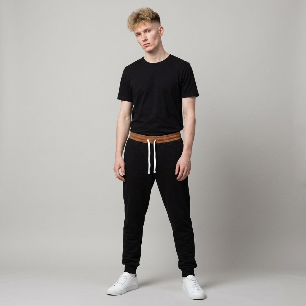 A male model standing against a light gray studio background, wearing a navy blue t-shirt, blue pinstriped sweatpants with a red drawstring waist, and white sneakers.