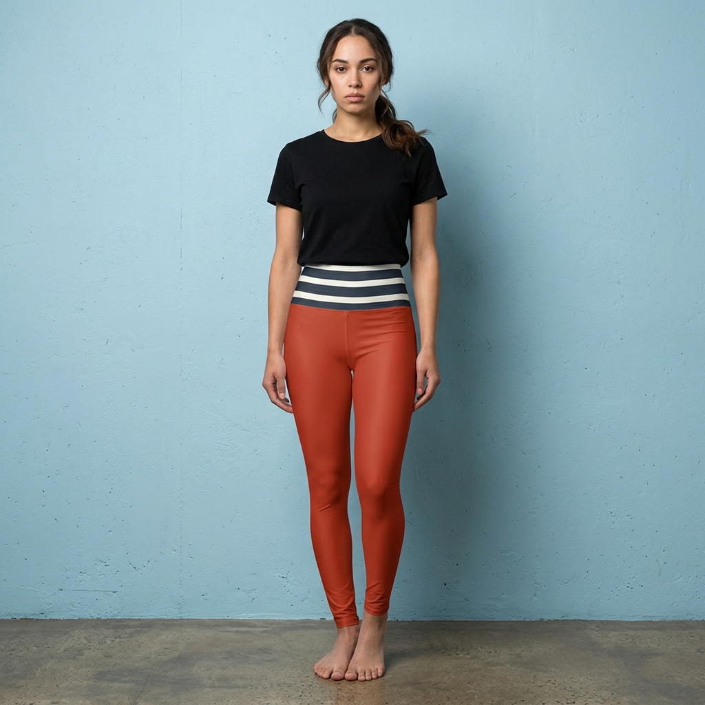 A woman stands barefoot against a light blue wall wearing rust-orange leggings with a navy and white striped waistband, a black short-sleeve t-shirt, and bare feet.