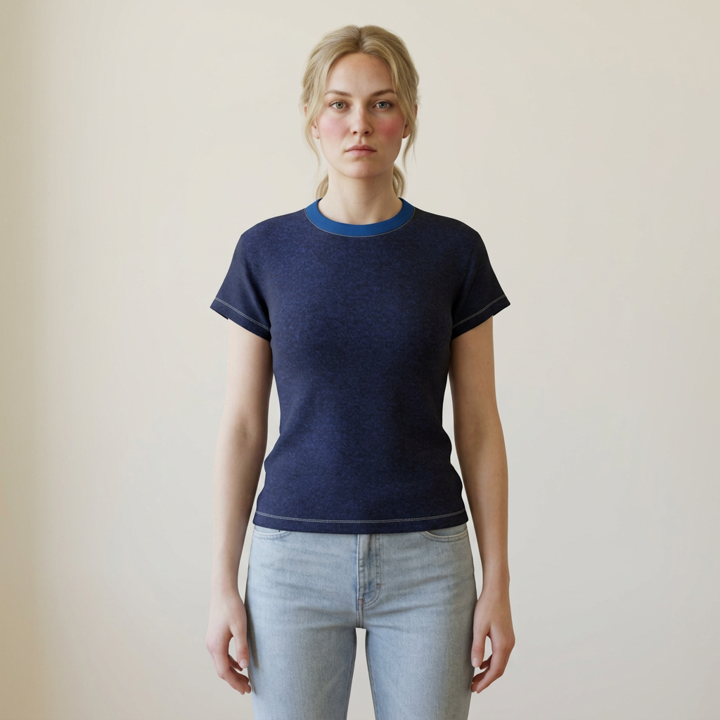 A woman modeling a short-sleeve crewneck t-shirt in navy blue with a contrasting bright blue collar, paired with light-wash jeans, against a plain beige background.