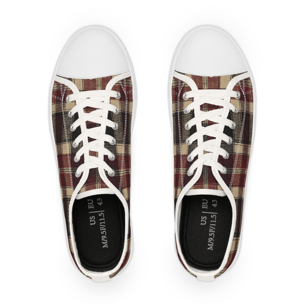 Plaid Low Top Sneakers — Vintage Red & Brown Casual Canvas Shoes