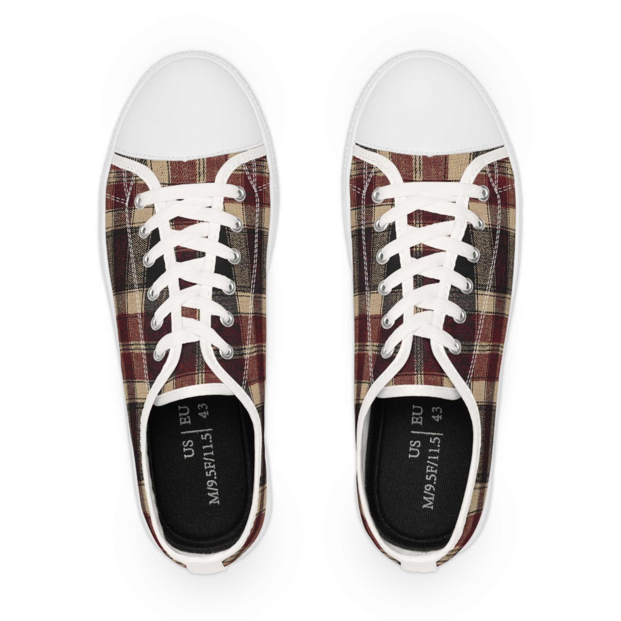 Plaid Low Top Sneakers — Vintage Red & Brown Casual Canvas Shoes