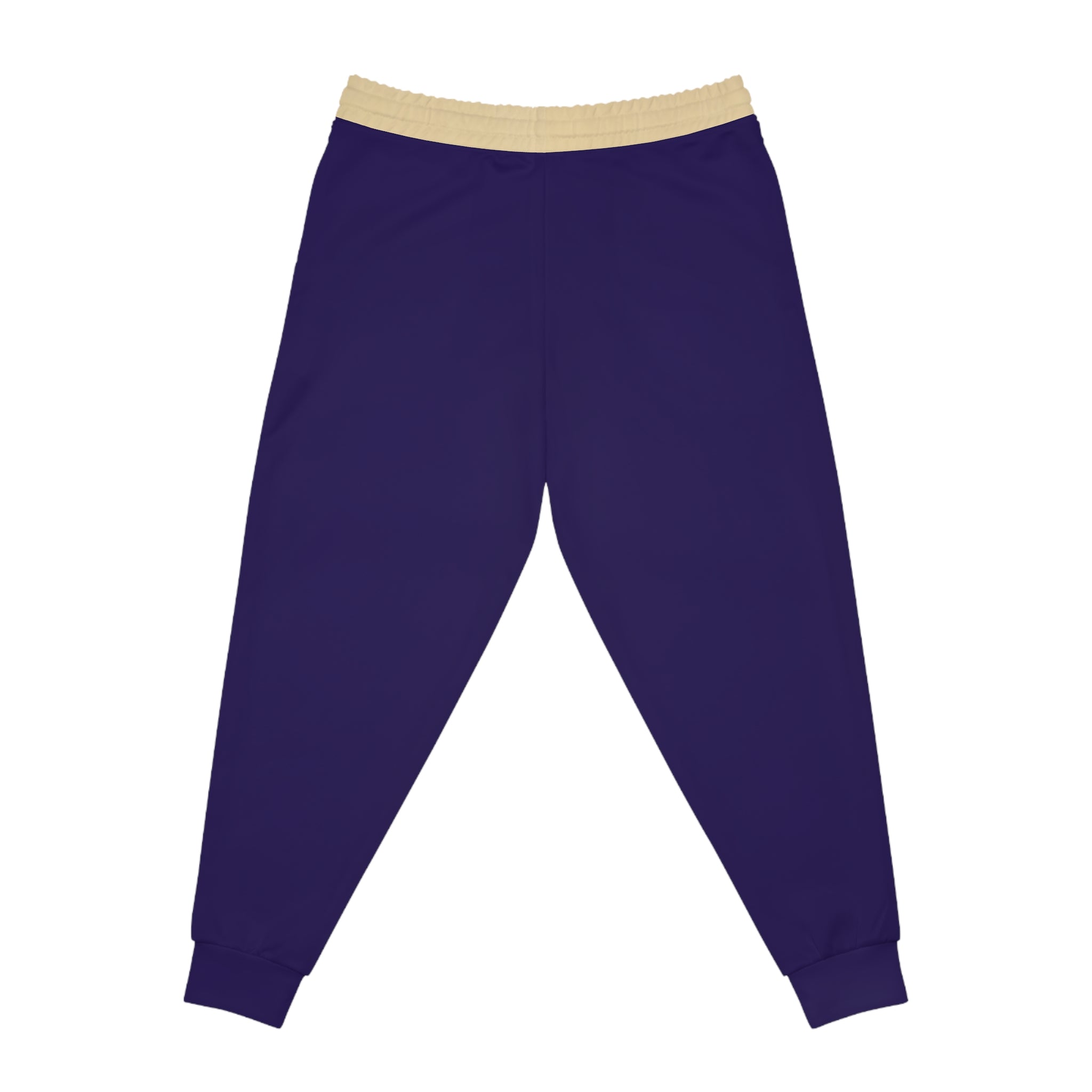 A pair of dark purple jogger pants with a contrasting beige elastic waistband, shown flat against a solid white background.