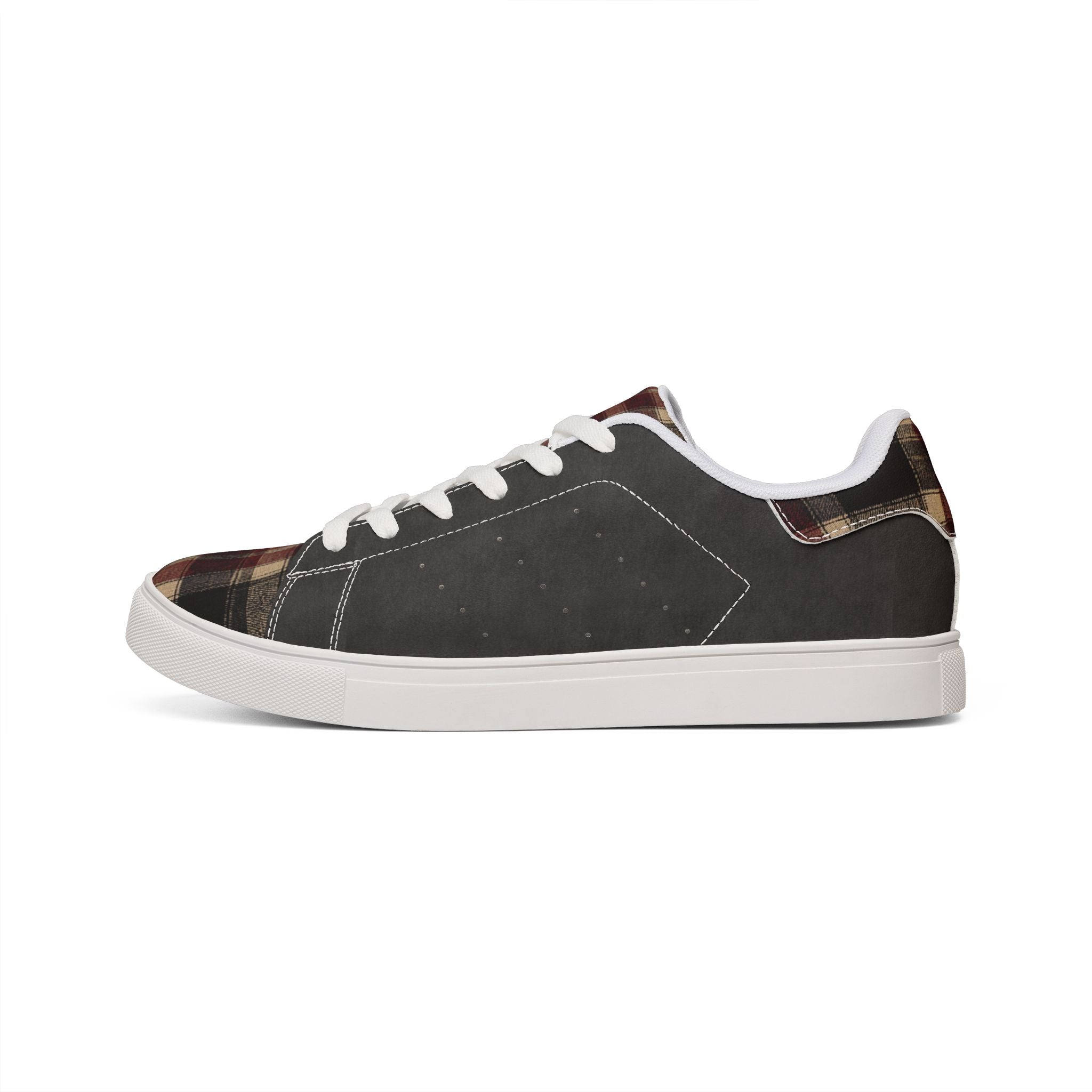 Leather Low-Top Sneakers — Plaid Accent Casual Men’s Shoes