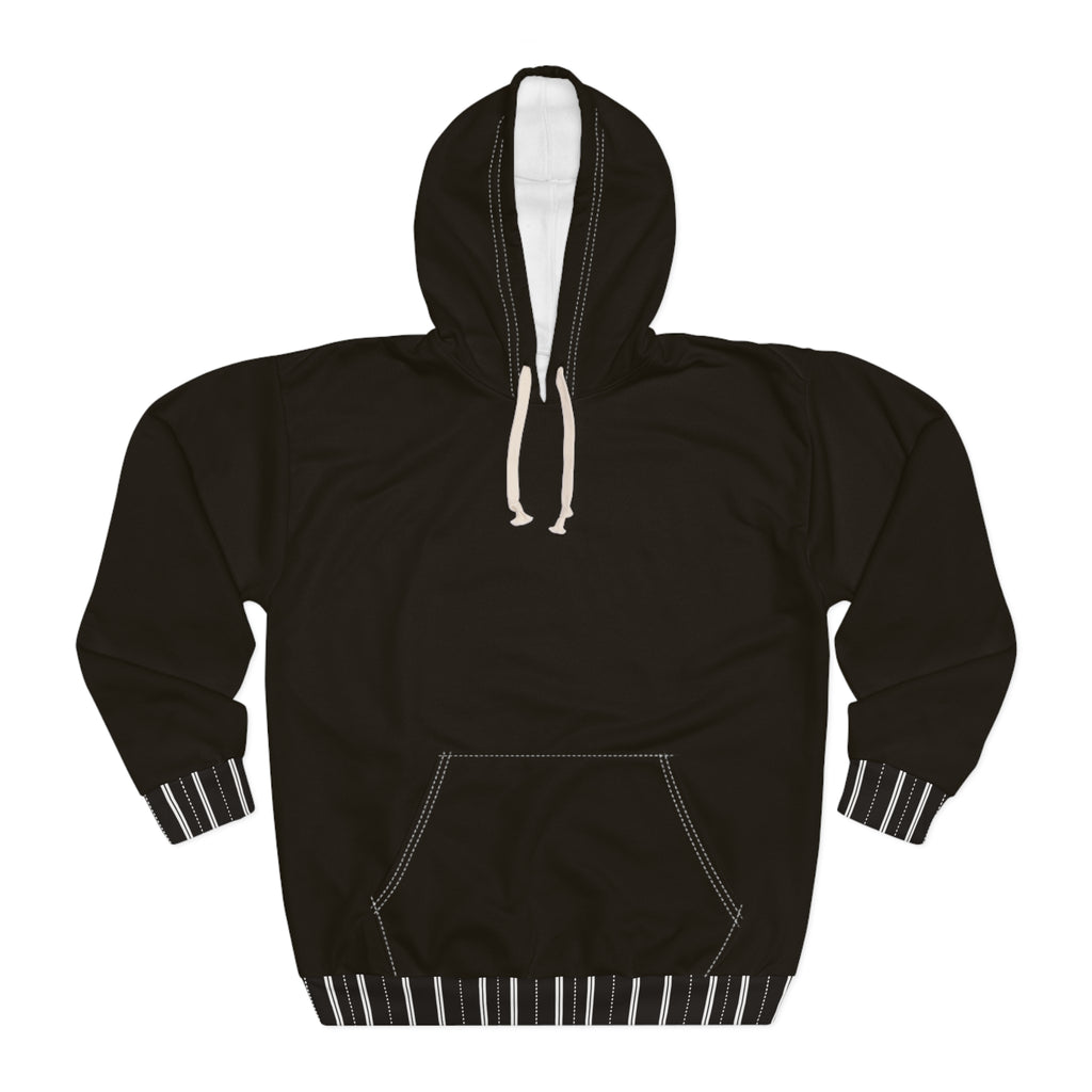 A black pullover hoodie with white drawstrings, white contrast stitching, and striped cuffs and hem, shown flat against a white background.