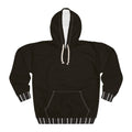 A black pullover hoodie with white drawstrings, white contrast stitching, and striped cuffs and hem, shown flat against a white background.