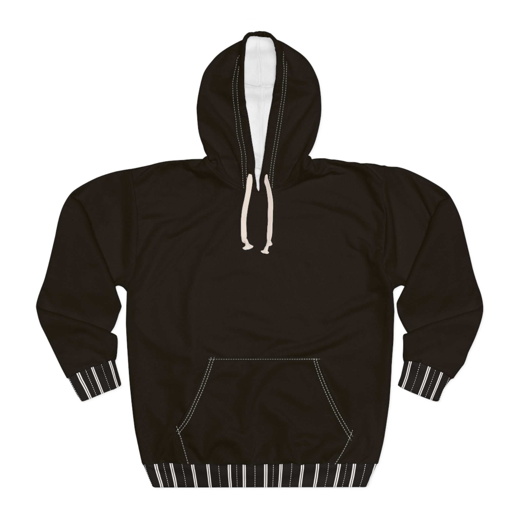 A black pullover hoodie with white drawstrings, white contrast stitching, and striped cuffs and hem, shown flat against a white background.