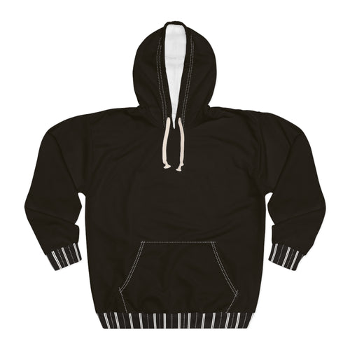 A black pullover hoodie with white drawstrings, white contrast stitching, and striped cuffs and hem, shown flat against a white background.