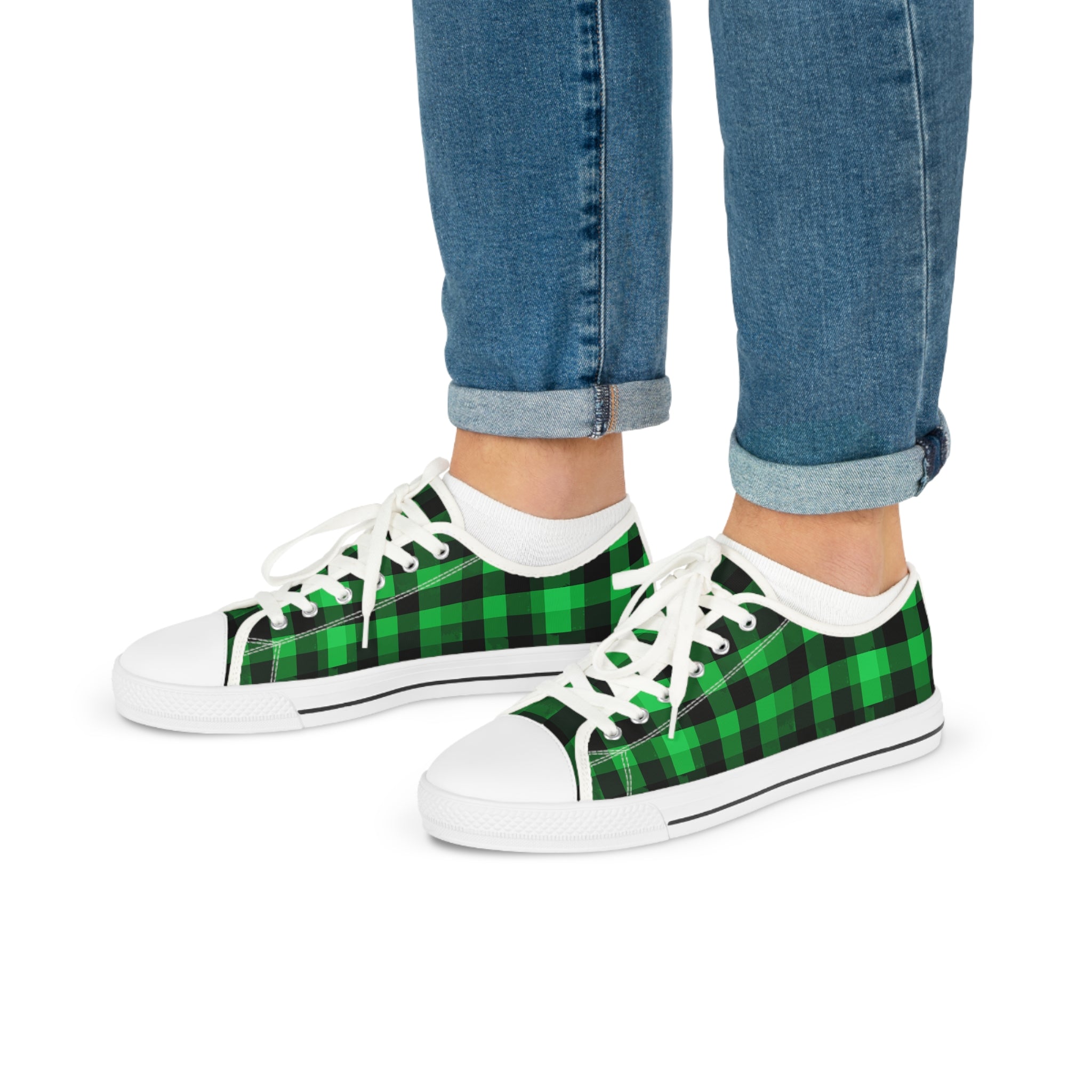 Green Buffalo Plaid Low Top Sneakers — Men's Casual Canvas Shoes