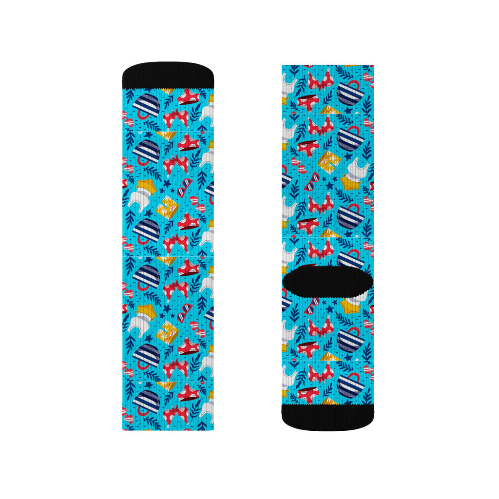Blue Tropical Flamingo Socks – Sublimation Crew Socks with Palm Leaves & Hibiscus Print
