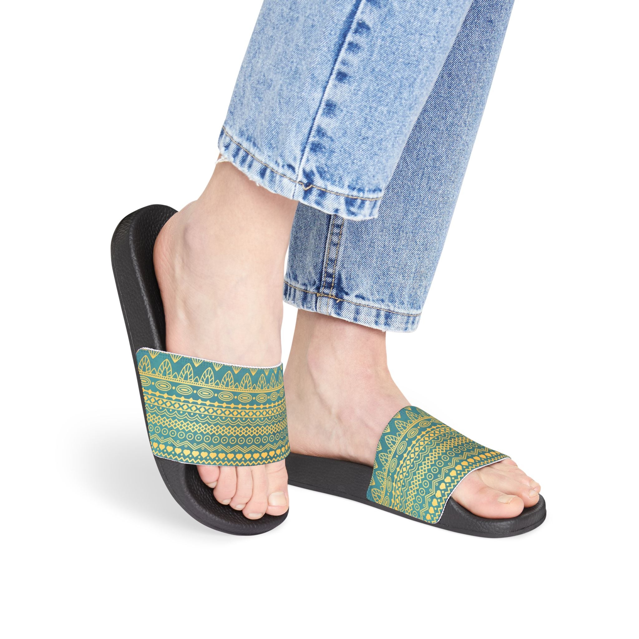 Slide Sandals — Green Gold Boho Pattern Removable-Strap Slides
