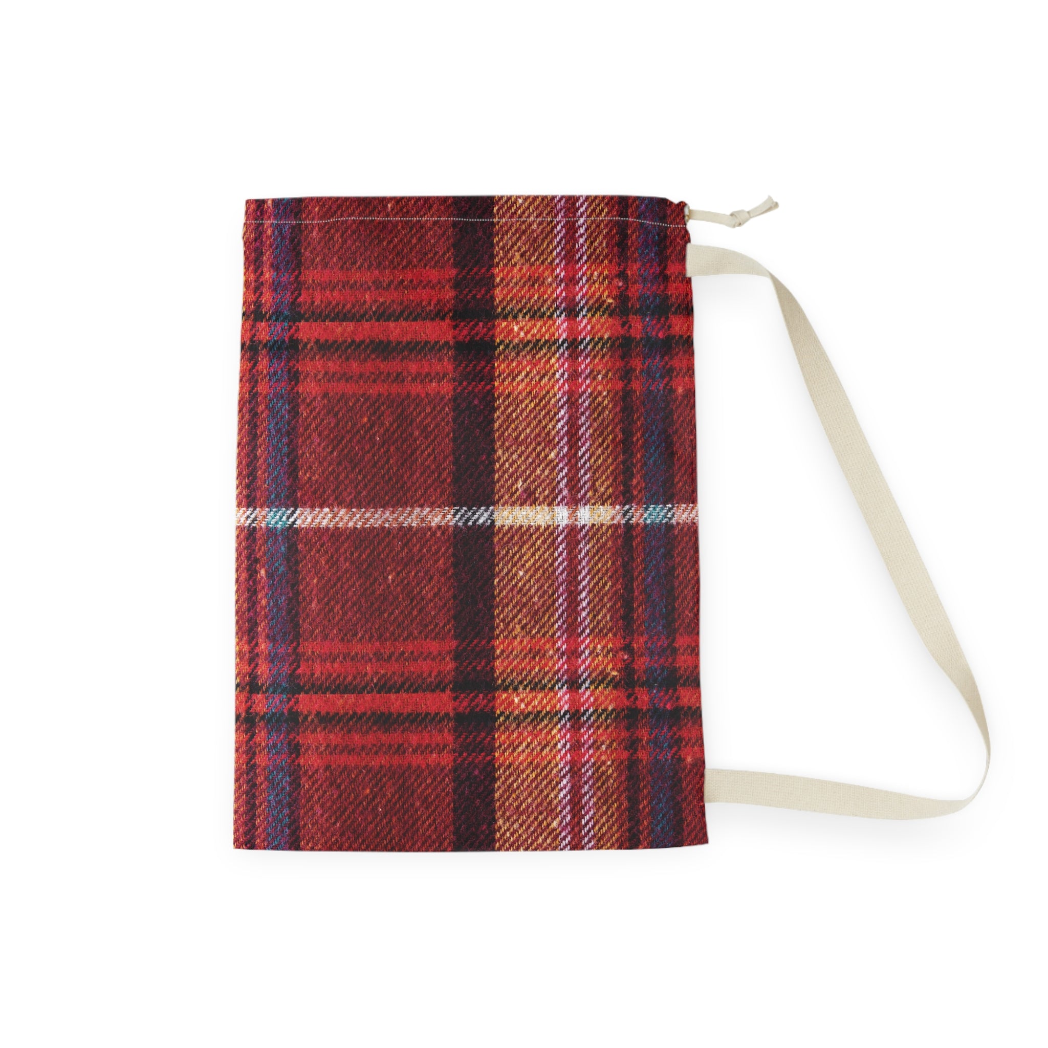A red and orange tartan plaid drawstring pouch with a cream-colored shoulder strap, shown against a plain white background.