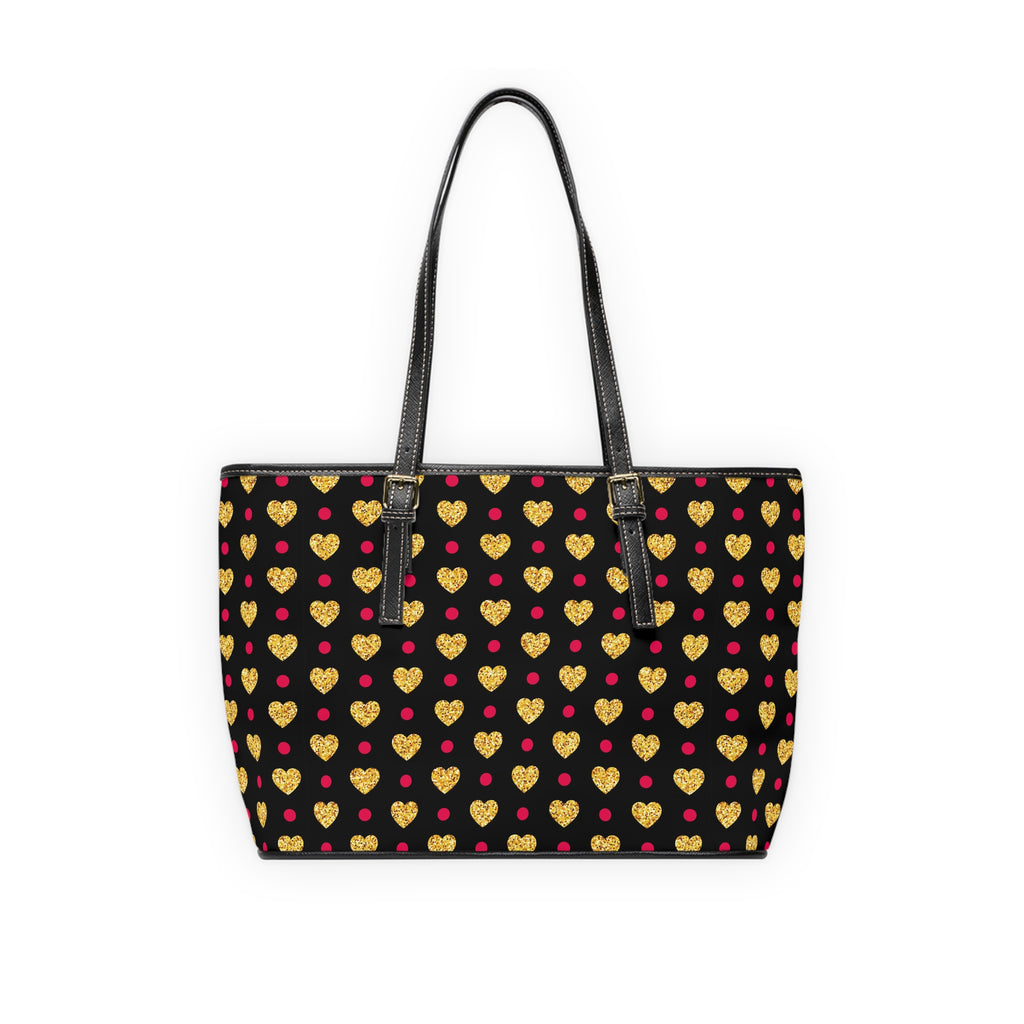 Gold Glitter Hearts Pattern PU Leather Shoulder Bag | Black Heart Print Tote