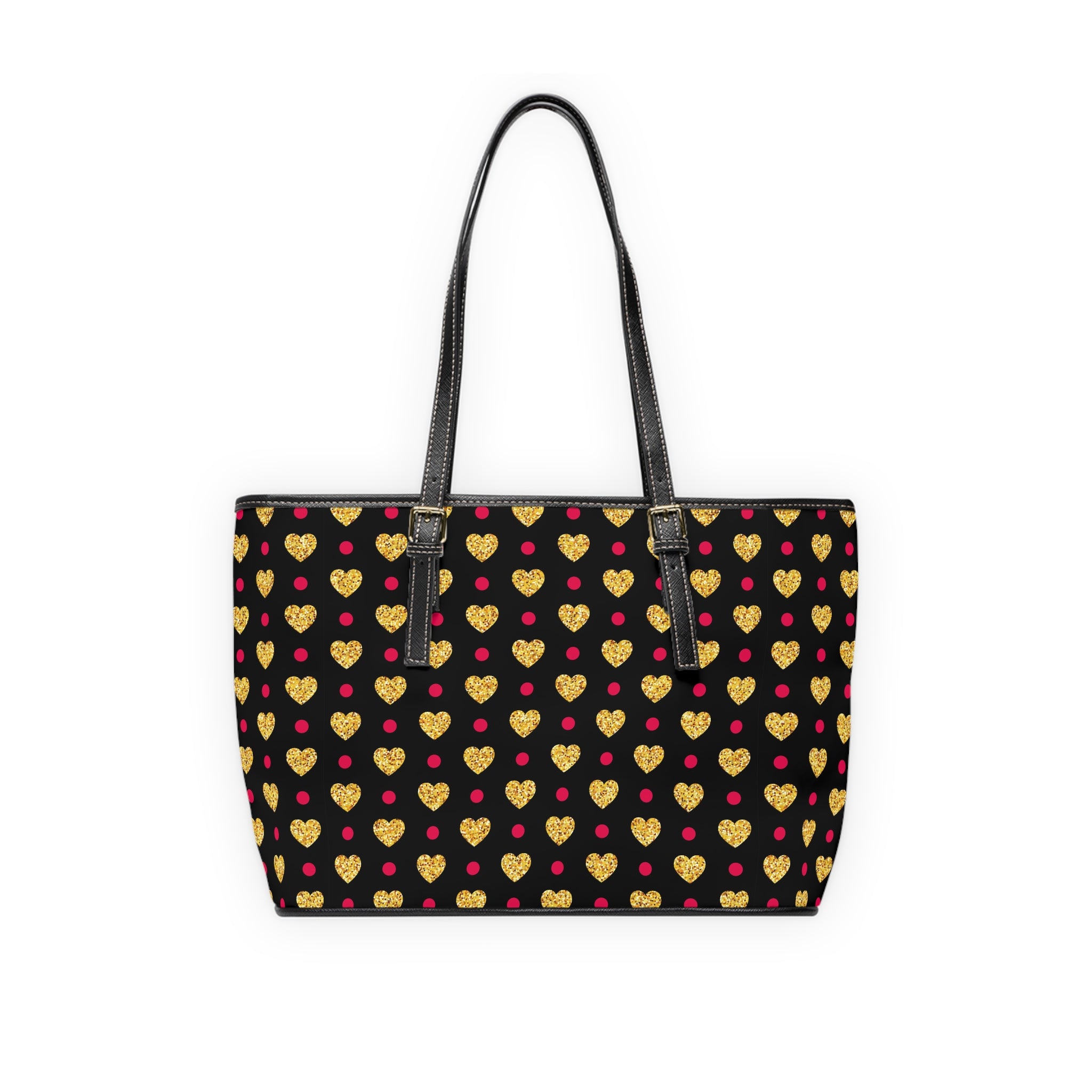 Gold Glitter Hearts Pattern PU Leather Shoulder Bag | Black Heart Print Tote