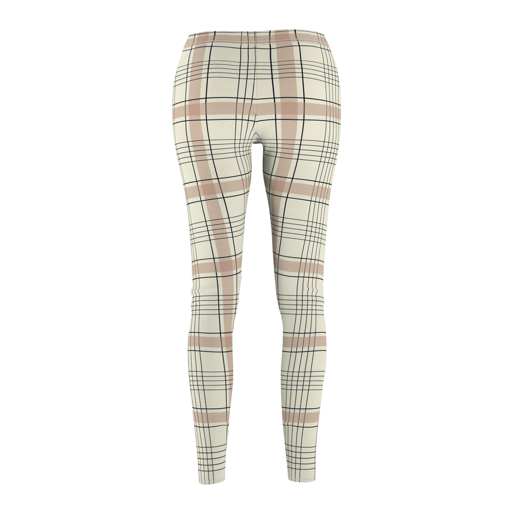Plaid leggings in a beige, brown, and black tartan pattern, shown from the back on a plain white background.