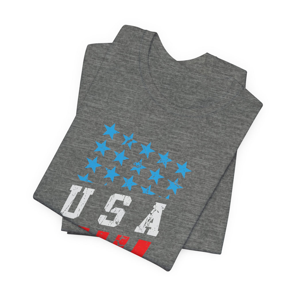 Gray t-shirt with blue stars and 'USA' text on a white background