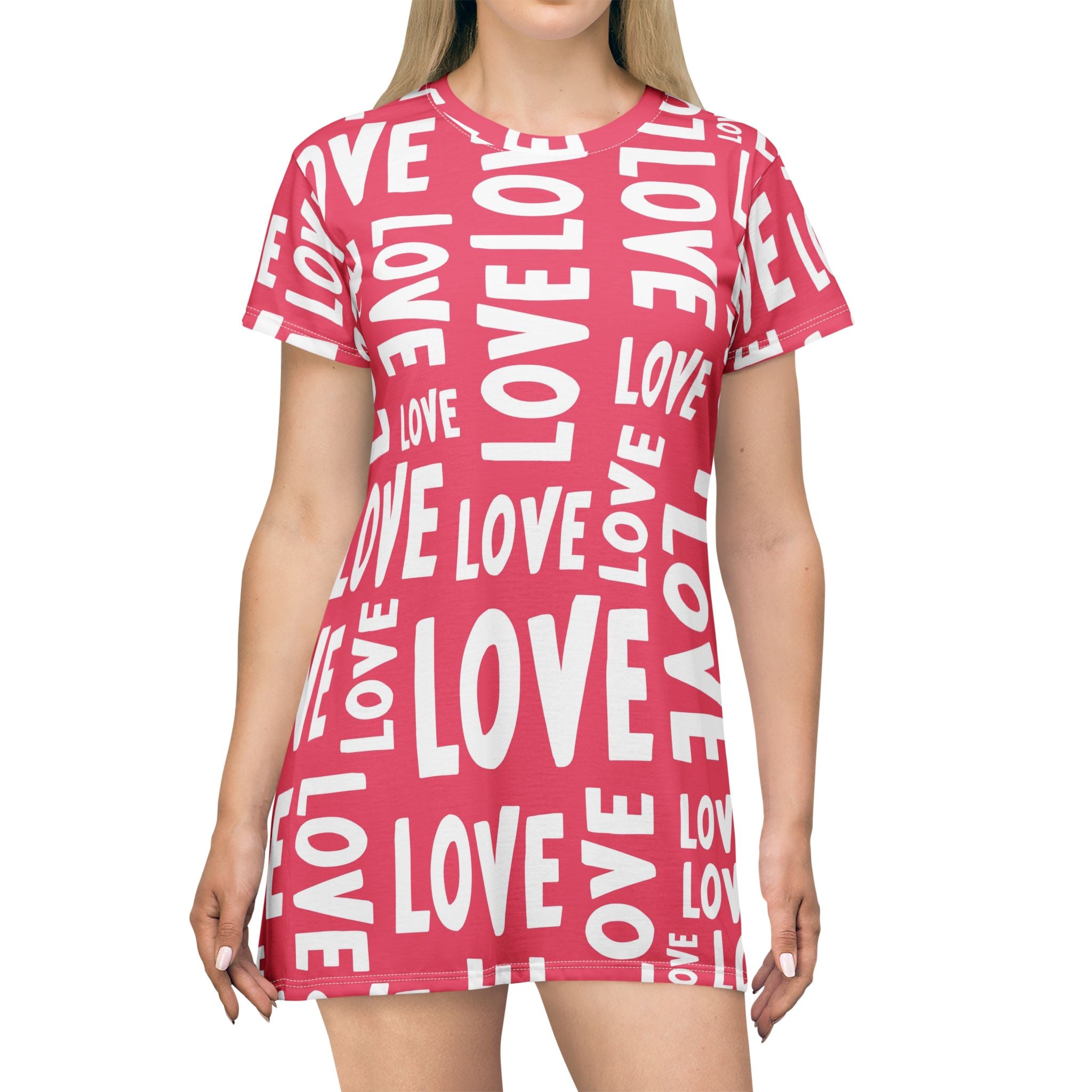 Valentine's Day Love Repeat Pattern T-Shirt Dress Pink Typography