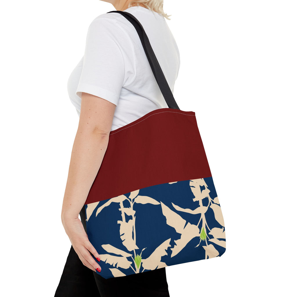 Red Navy Botanical Leaf Pattern Tote Bag