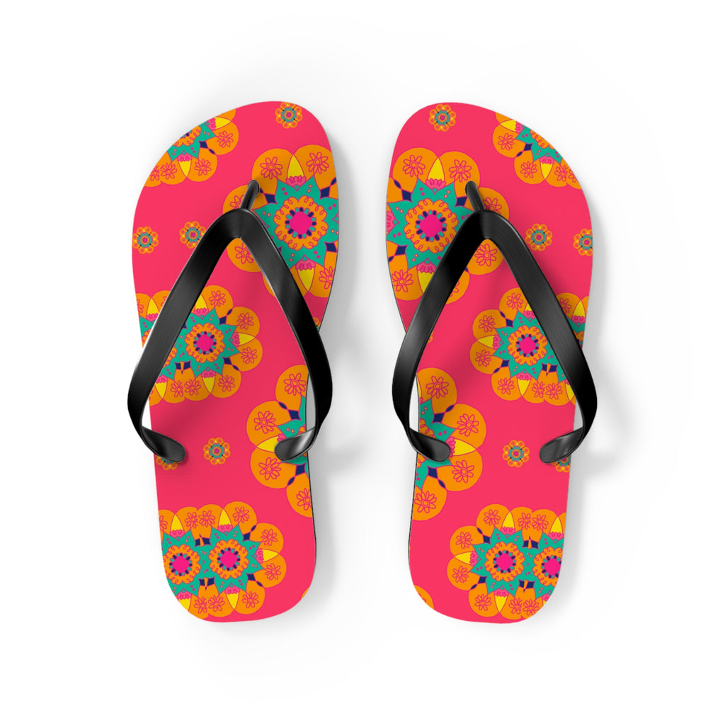 Floral Mandala Flip Flops – Bright Pink Tropical Beach Sandals