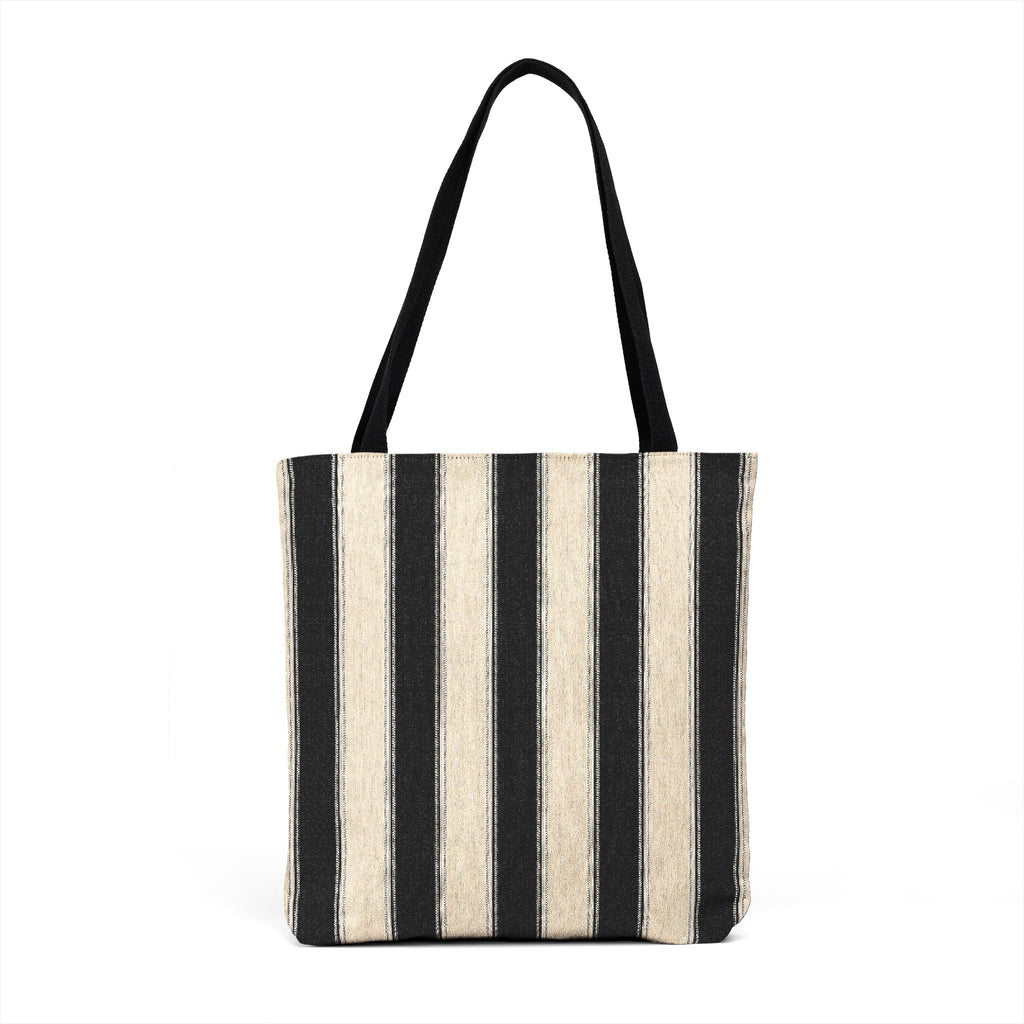 Black and white striped tote bag on a white background