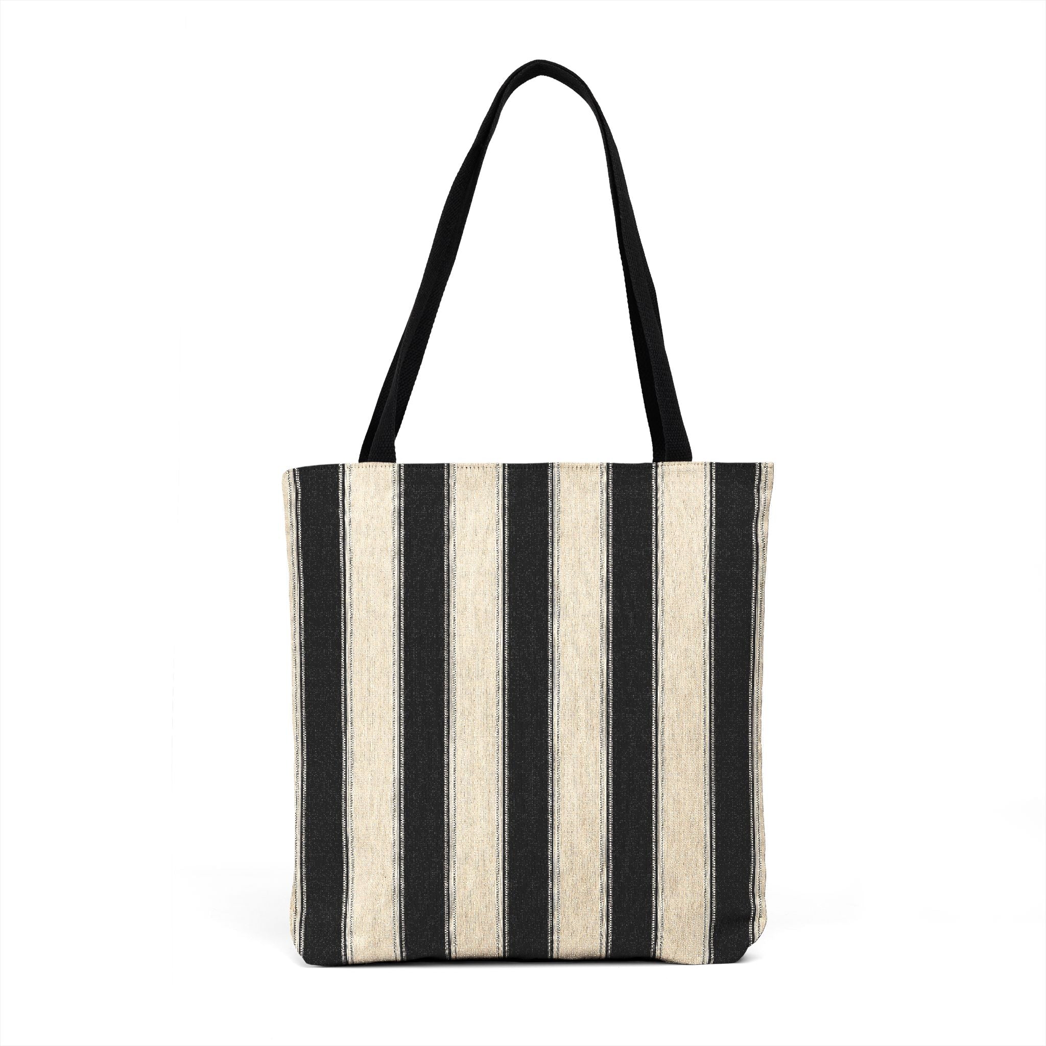 Black and white striped tote bag on a white background