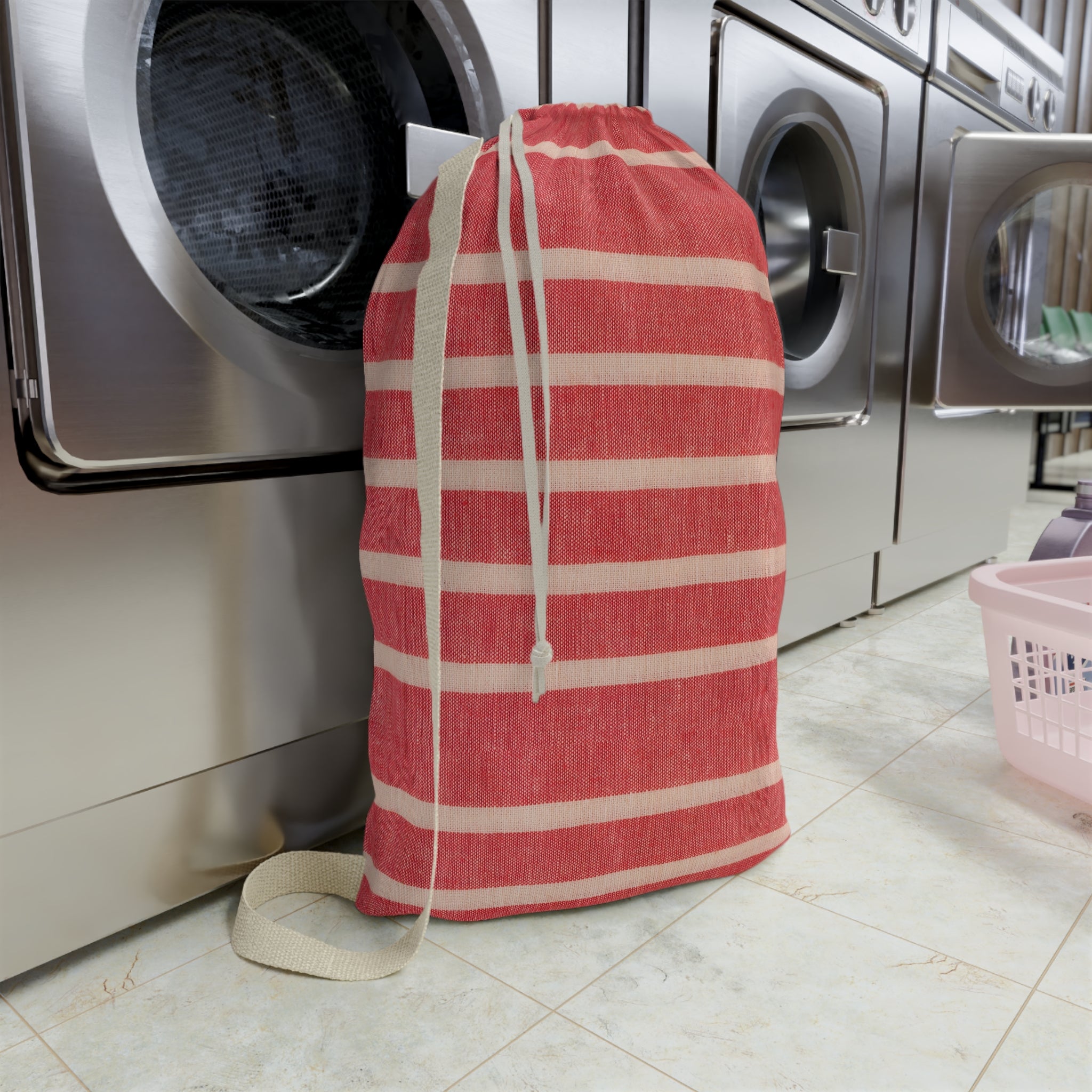 Striped Red Laundry Bag — Cotton Drawstring Laundry Tote