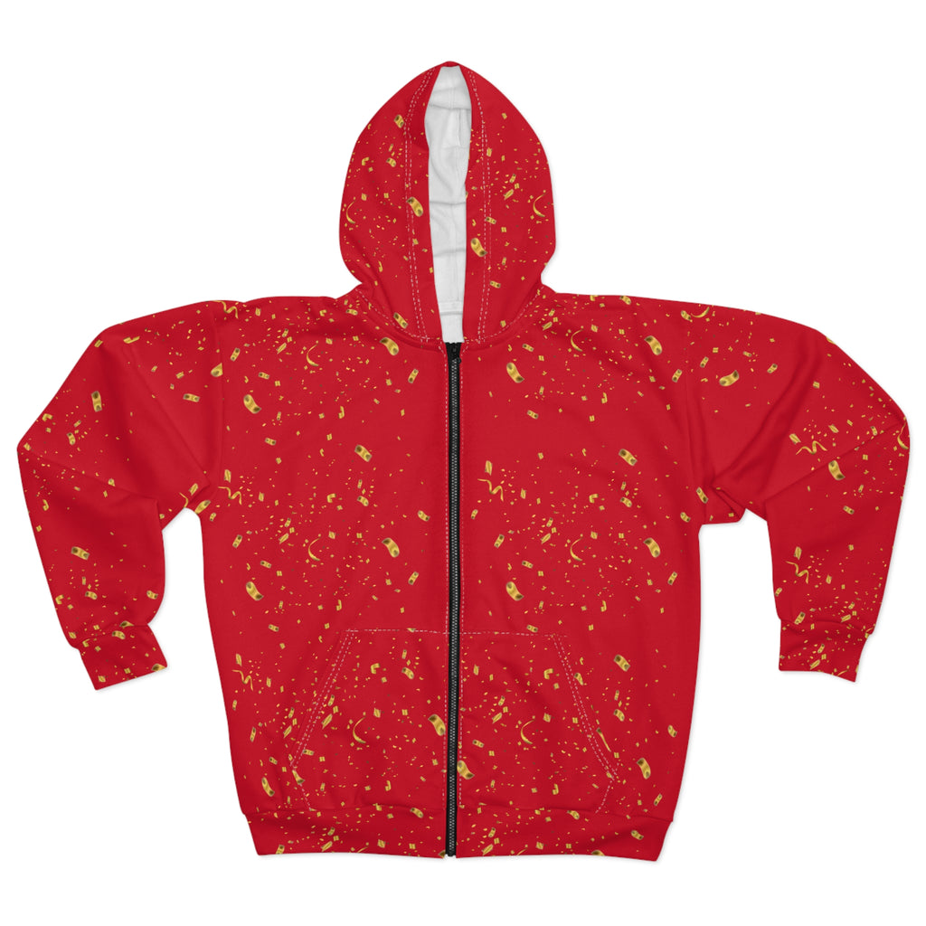 Gold Paint Splatter Confetti Red Zip Hoodie | Splatter Pattern Hoodie