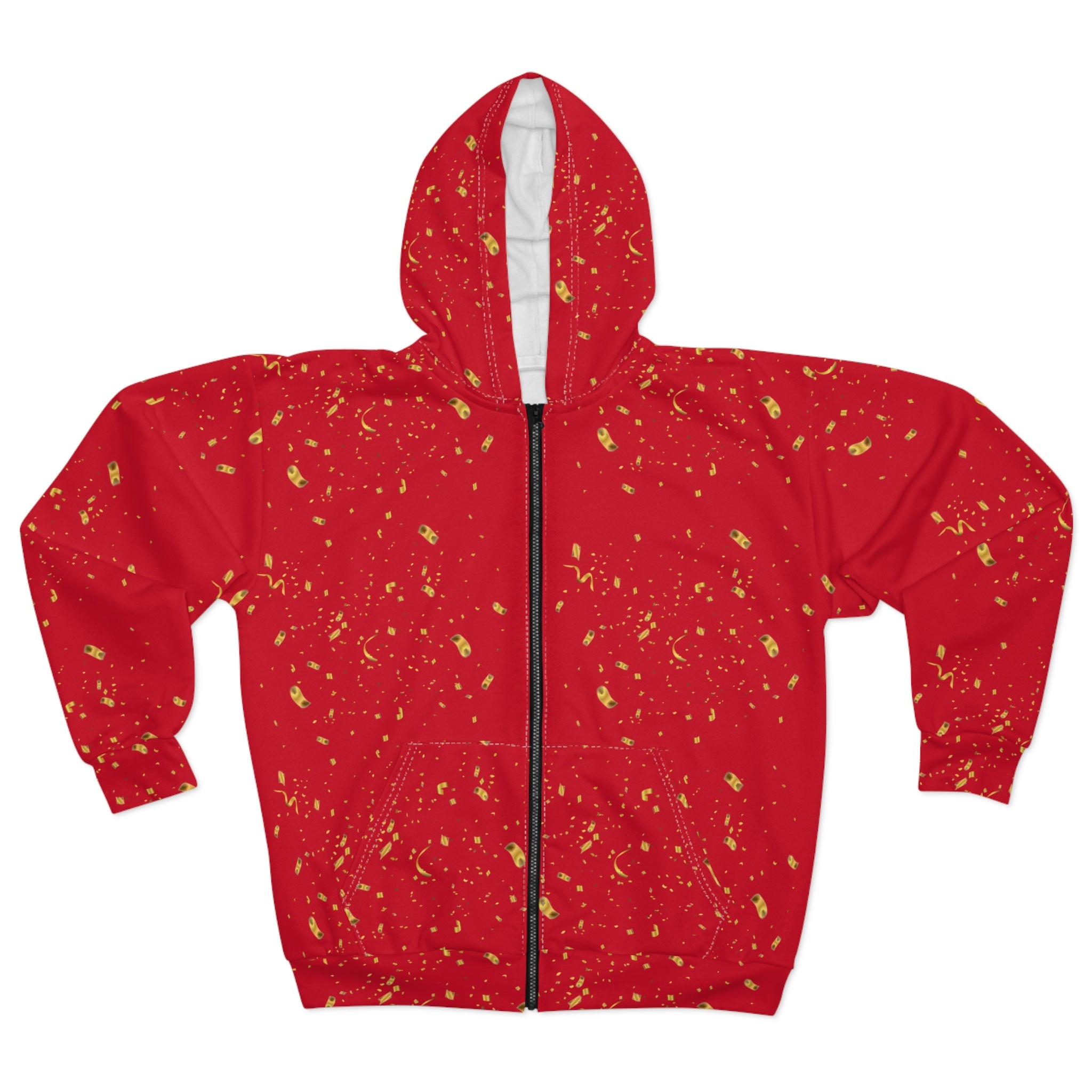 Gold Paint Splatter Confetti Red Zip Hoodie | Splatter Pattern Hoodie
