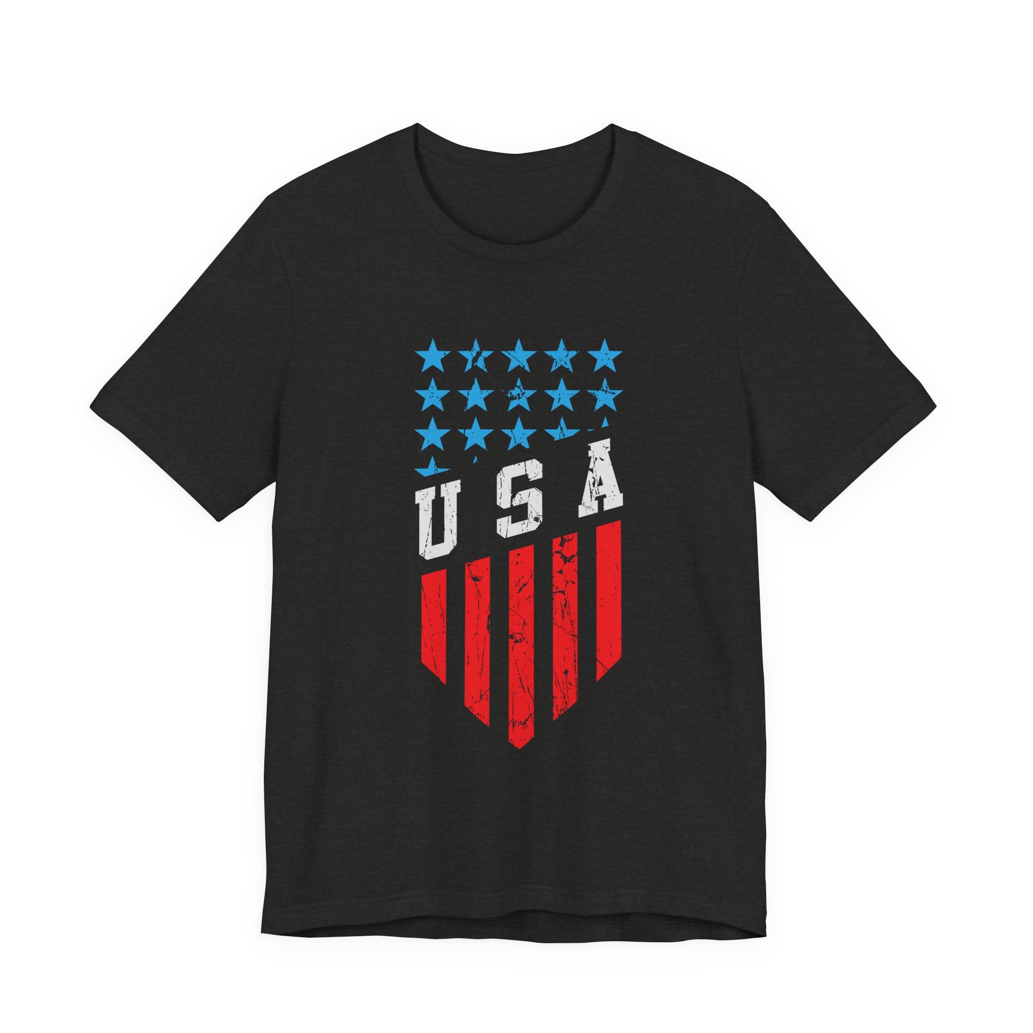 Black t-shirt with USA flag design on a white background