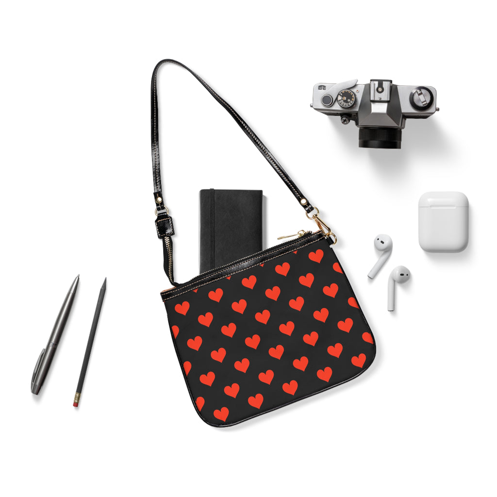 Red Heart Pattern Small Shoulder Bag | Black Crossbody Purse