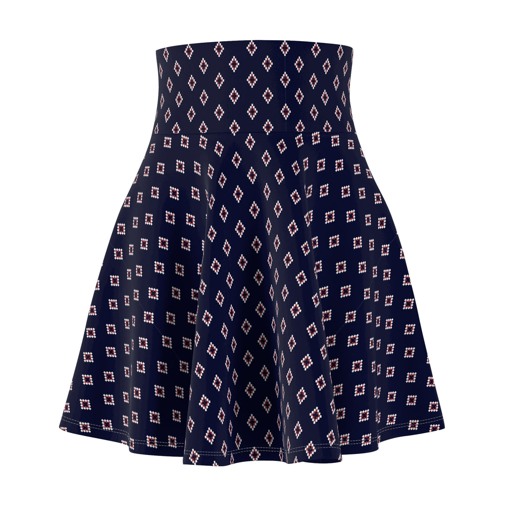 Navy Geo Diamond Skirt – Retro Mod Pattern, High-Waist Flared A-Line