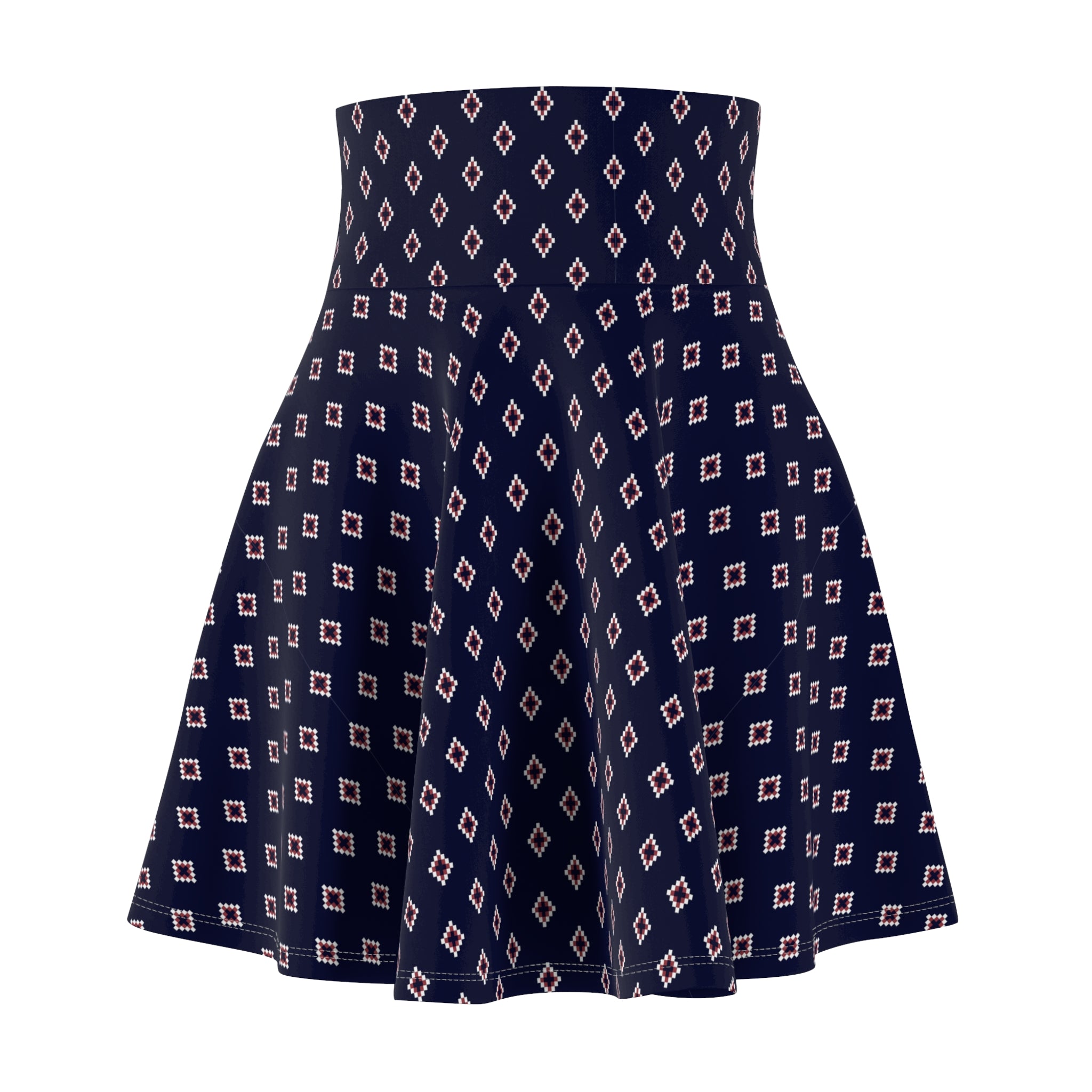 Navy Geo Diamond Skirt – Retro Mod Pattern, High-Waist Flared A-Line