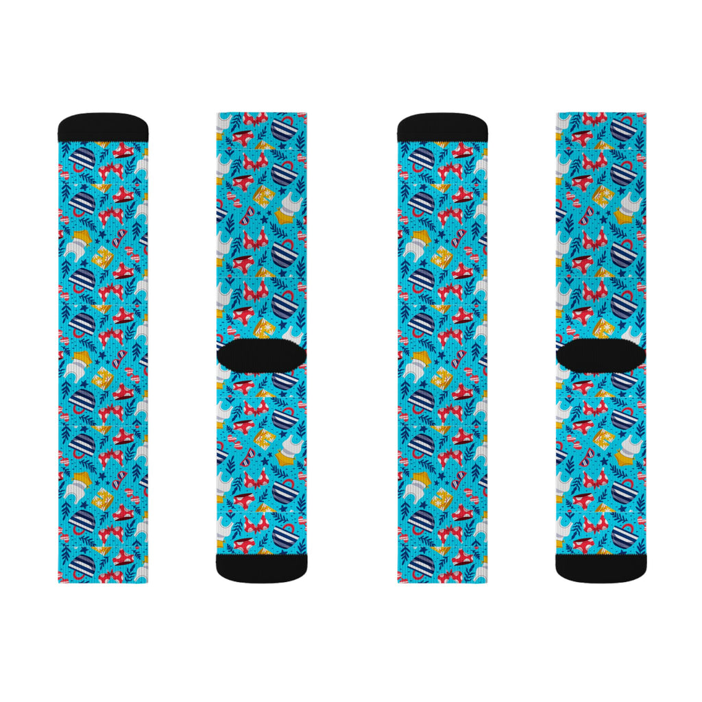 Blue Tropical Flamingo Socks – Sublimation Crew Socks with Palm Leaves & Hibiscus Print