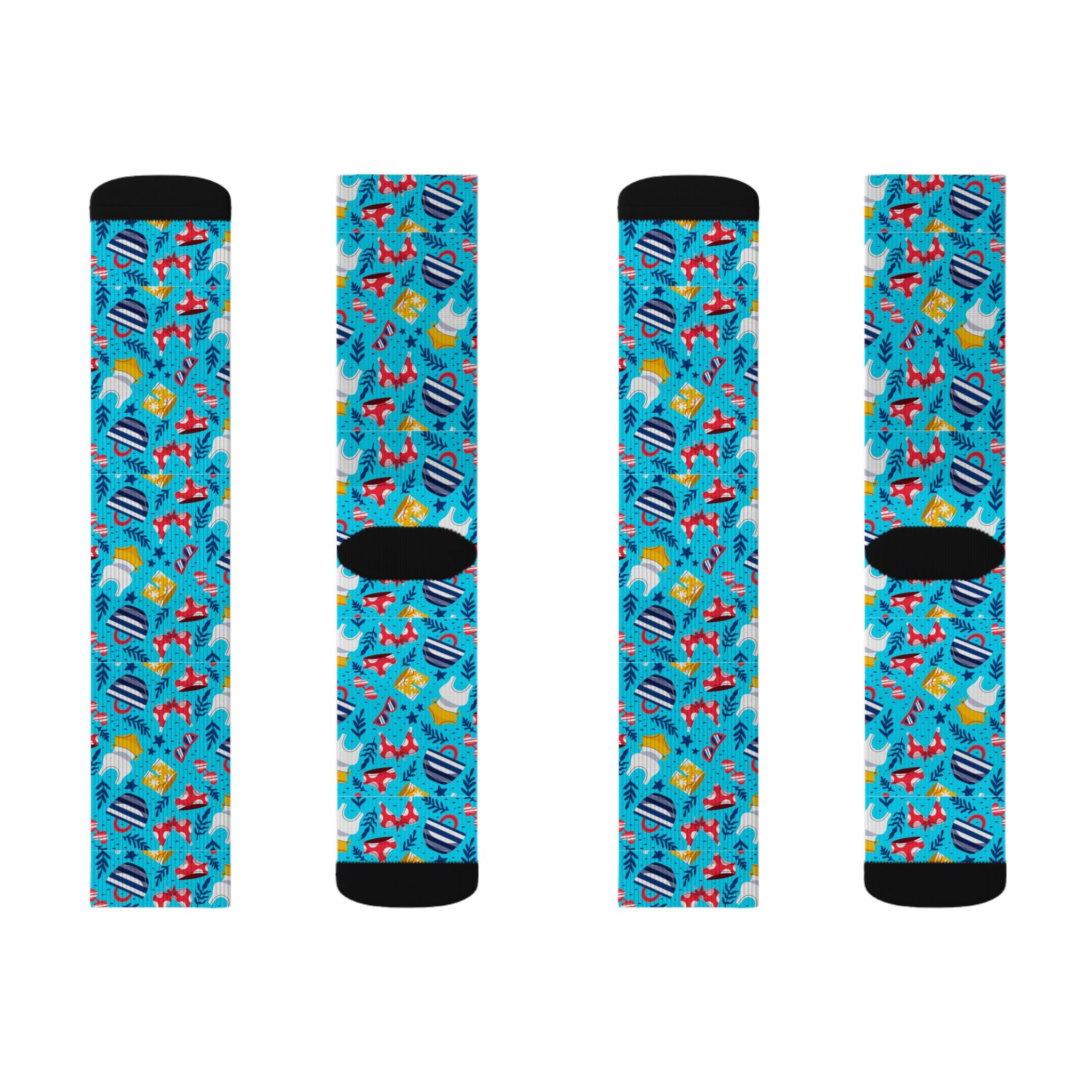 Blue Tropical Flamingo Socks – Sublimation Crew Socks with Palm Leaves & Hibiscus Print