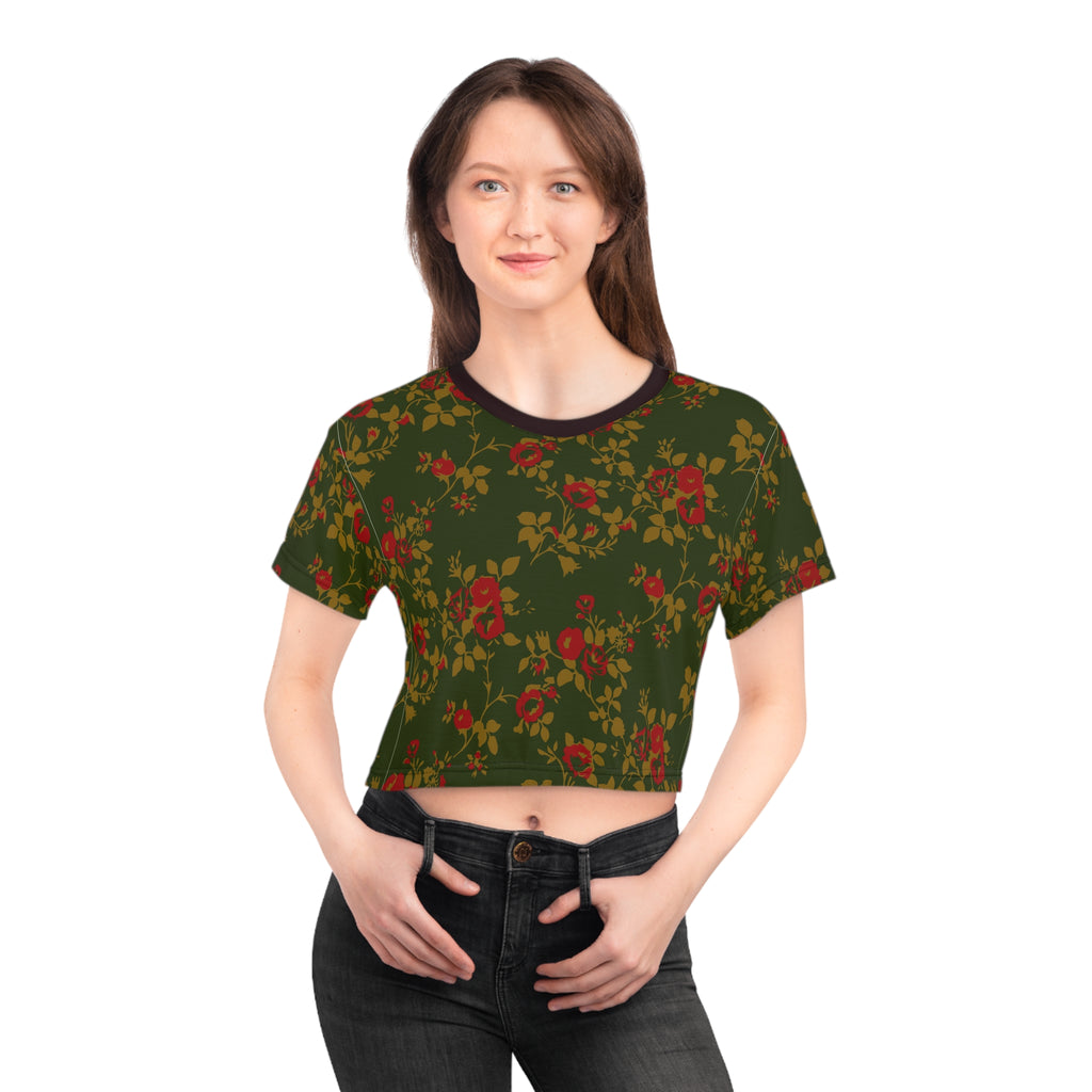 Floral Vintage Rose Crop Tee — Green All-Over Print