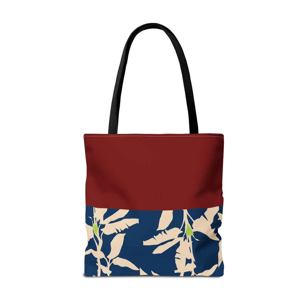 Red Navy Botanical Leaf Pattern Tote Bag
