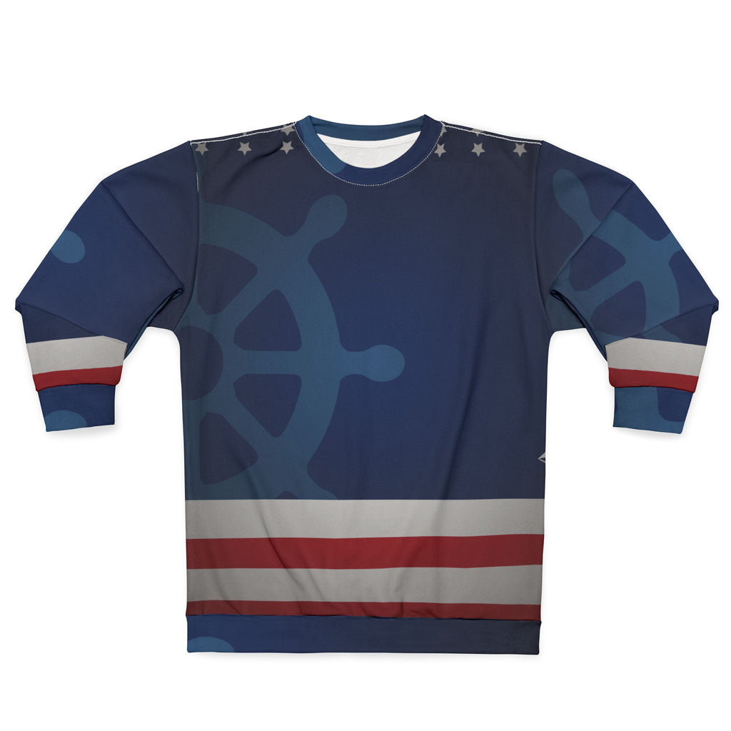 A crewneck sweatshirt featuring a navy blue background with a large light blue ship's wheel graphic, decorated with red and white horizontal stripes near the hem and cuffs, and small white stars on the shoulders.