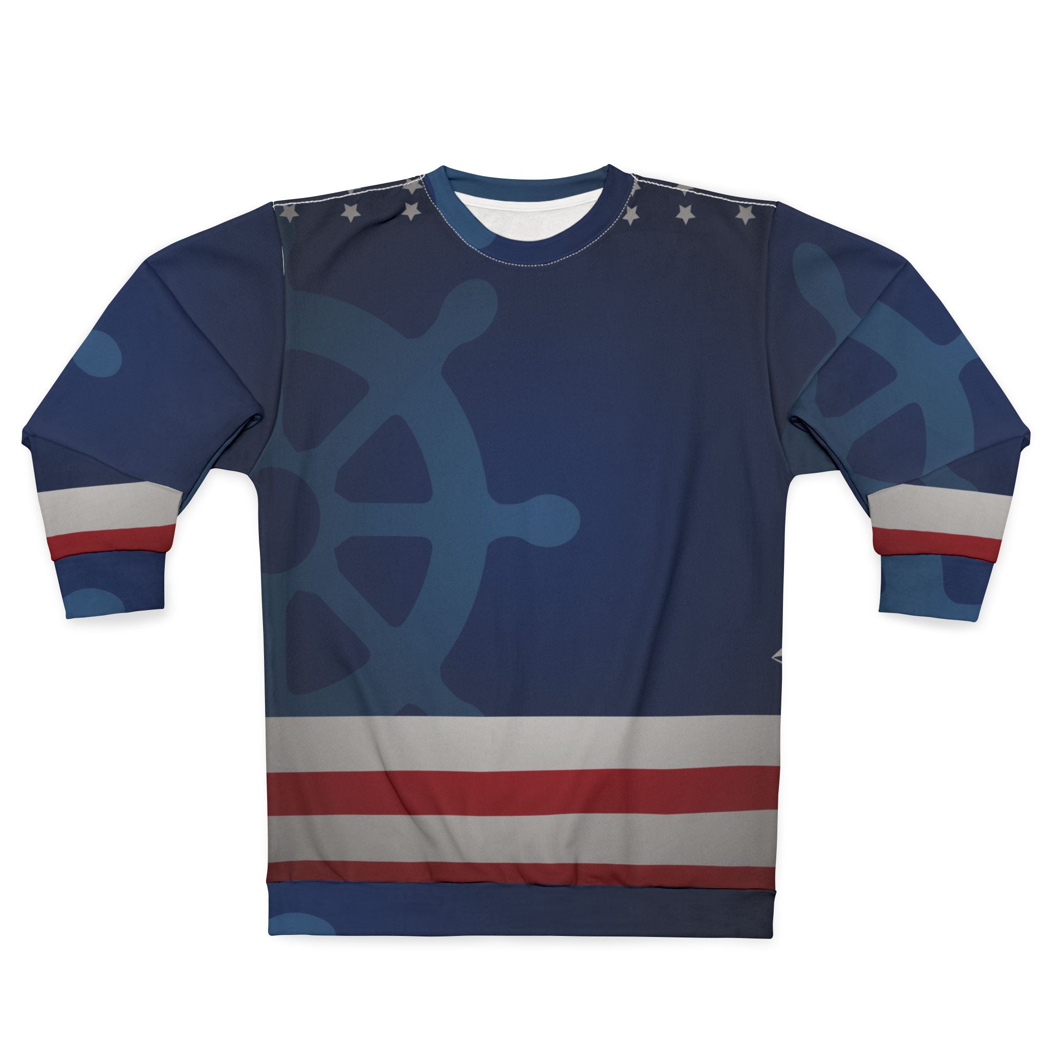 A crewneck sweatshirt featuring a navy blue background with a large light blue ship's wheel graphic, decorated with red and white horizontal stripes near the hem and cuffs, and small white stars on the shoulders.