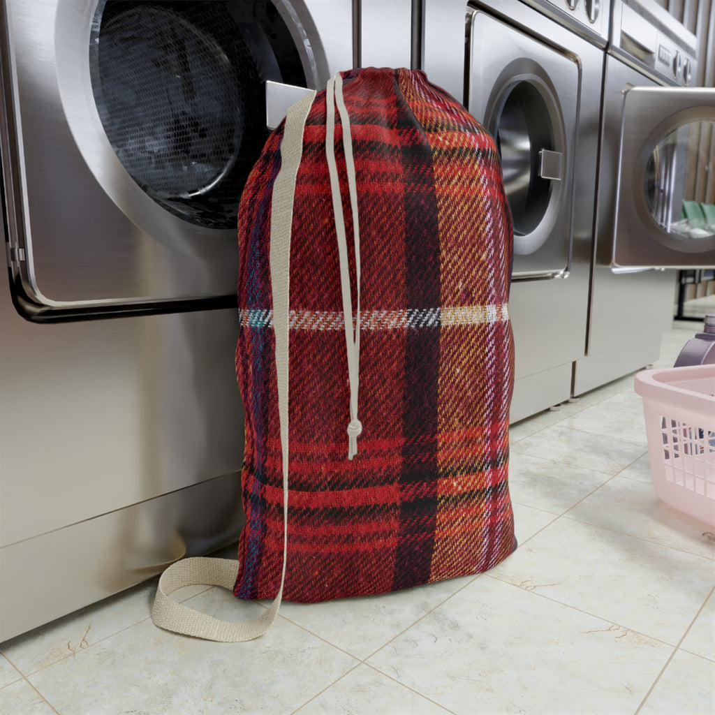 Plaid Laundry Bag — Red Brown Blue Tartan Drawstring Laundry Tote