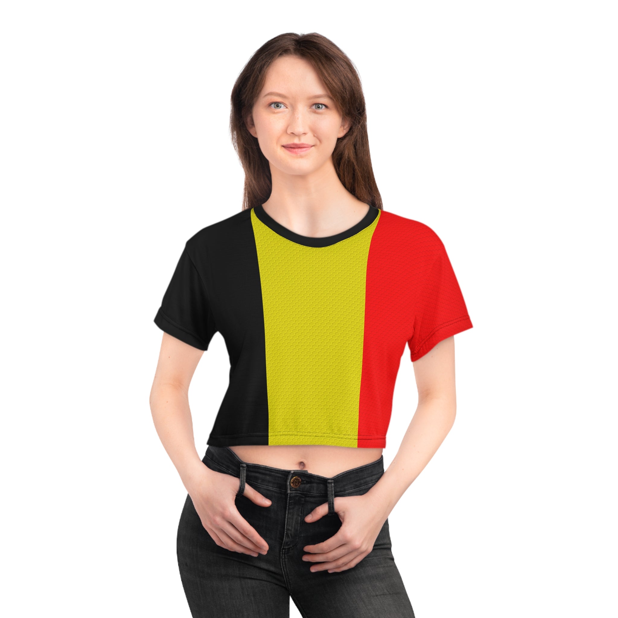 Belgium Flag Crop Tee — Women’s Red Yellow Black Pride Top