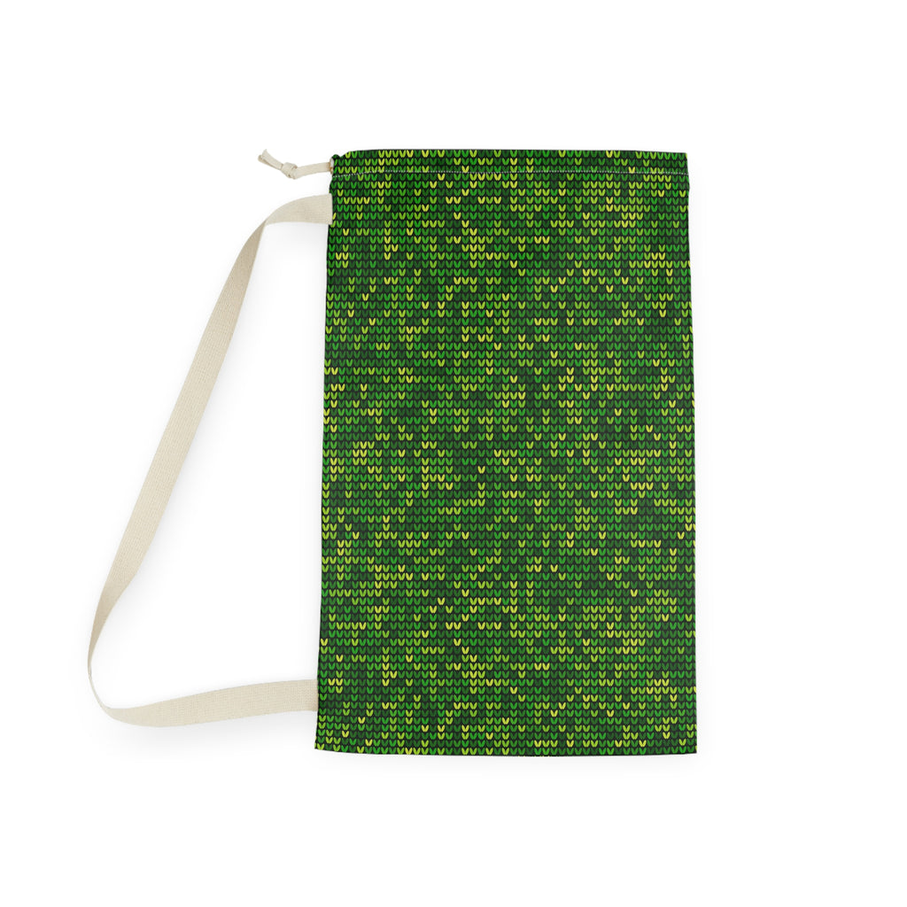 Green Knit Pattern Laundry Bag — Drawstring Travel & Storage Sack