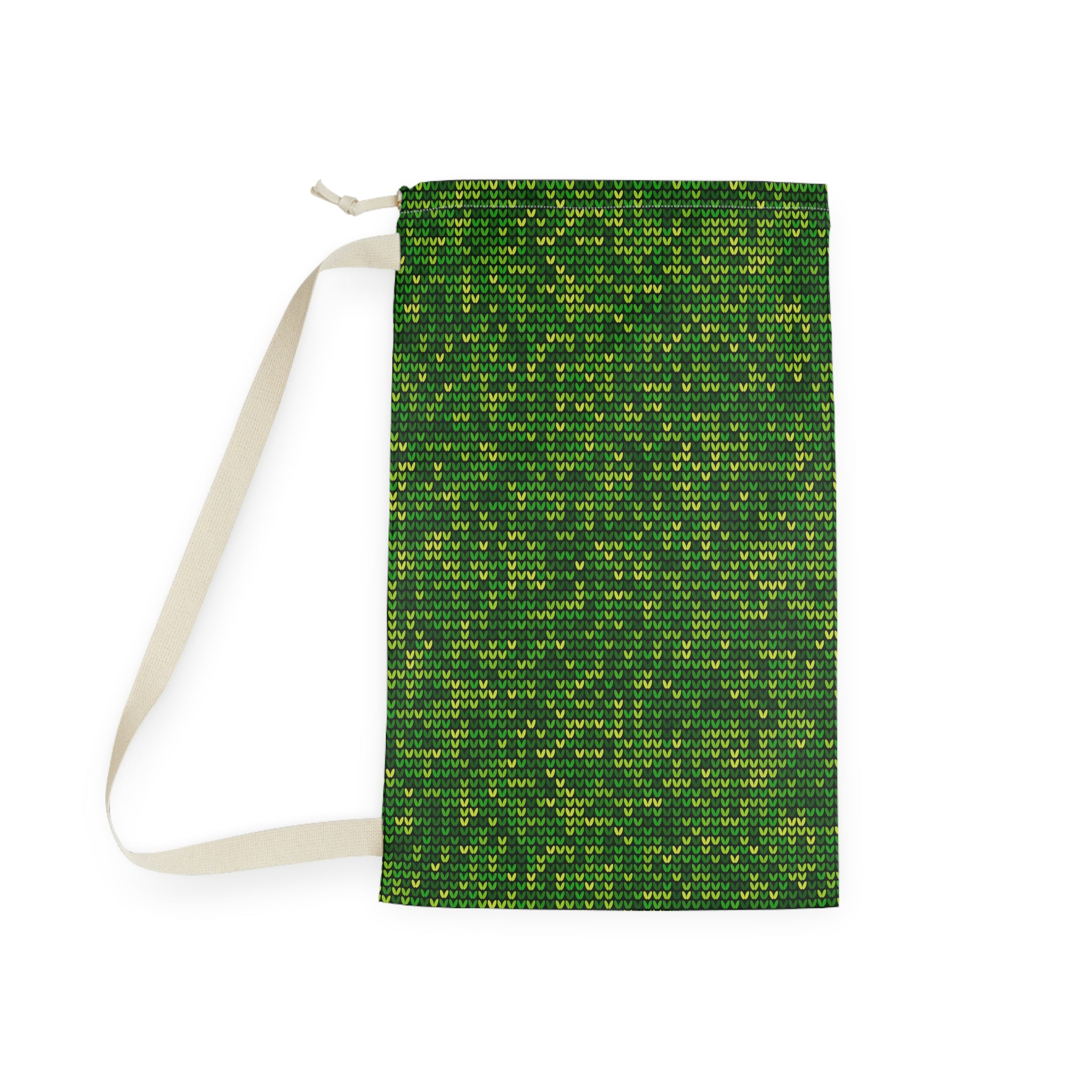 Green Knit Pattern Laundry Bag — Drawstring Travel & Storage Sack