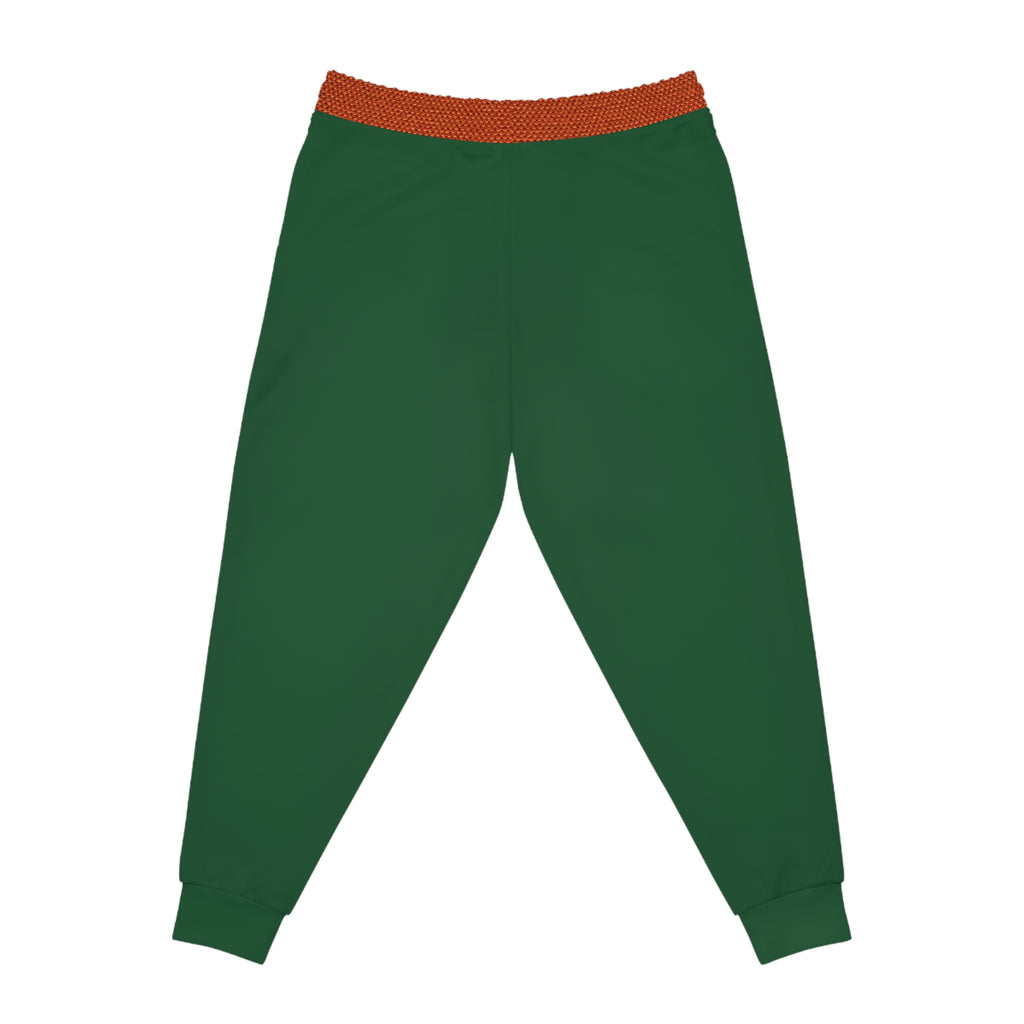 Dark green jogger pants with a textured orange-brown elastic waistband, shown flat against a white background.