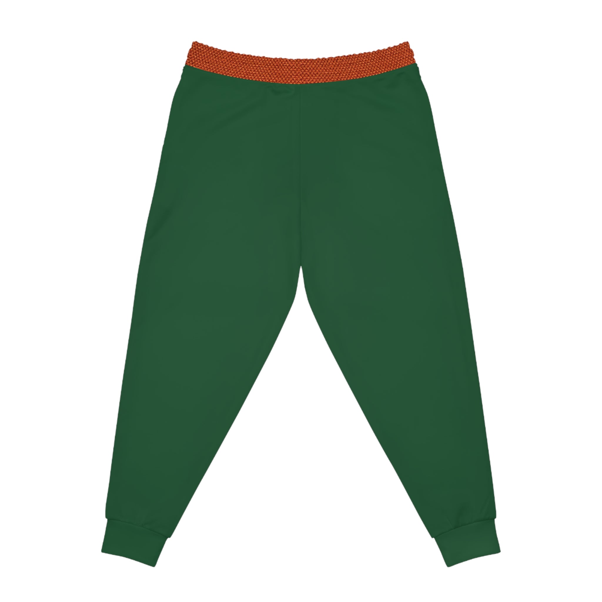Dark green jogger pants with a textured orange-brown elastic waistband, shown flat against a white background.