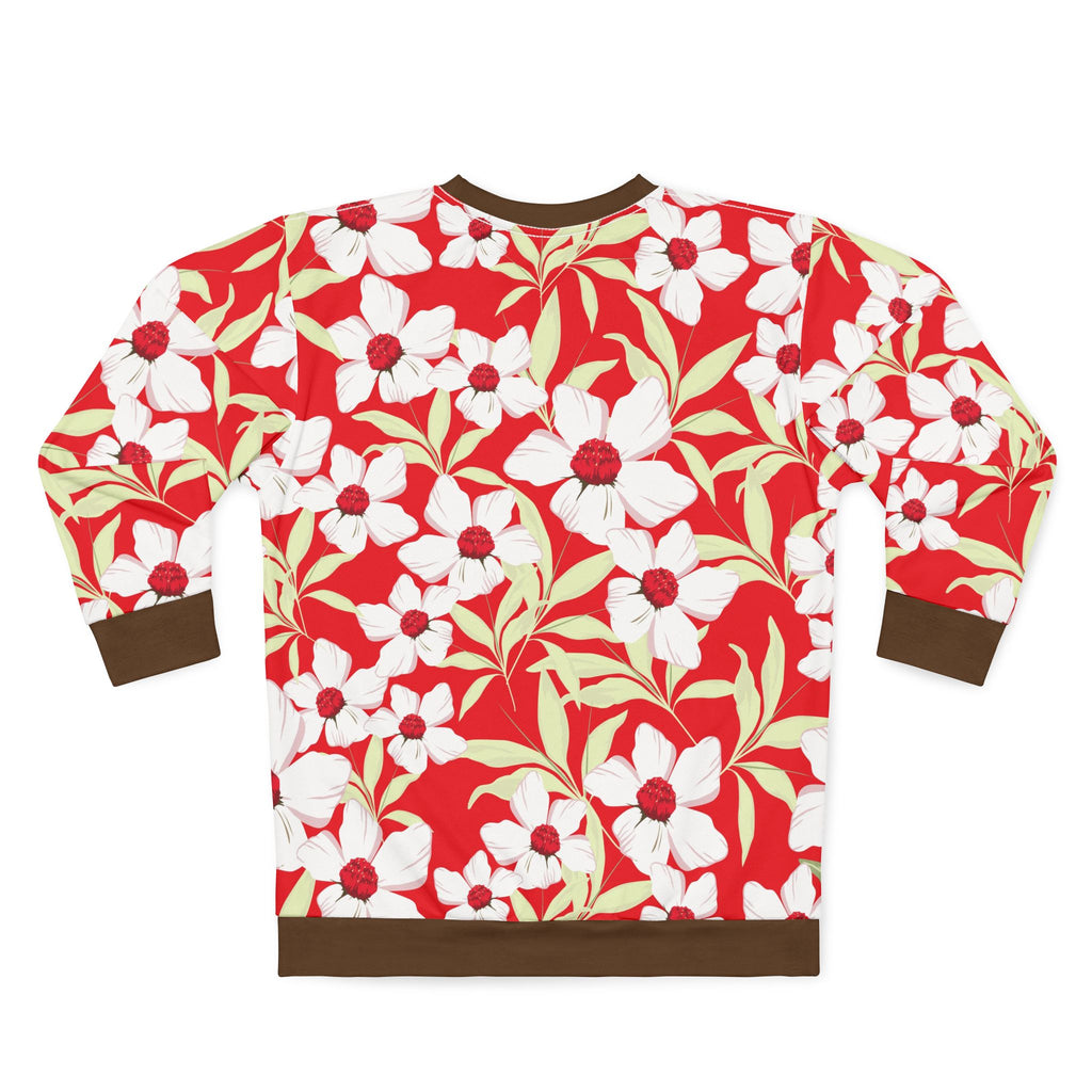 White Floral Pattern Sweatshirt | Red Background Flower All-Over Print