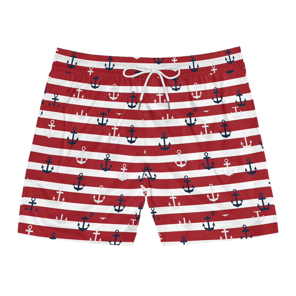 Nautical Red Striped Anchor Swim Shorts — Men’s Mid-Length Beach Trunks
