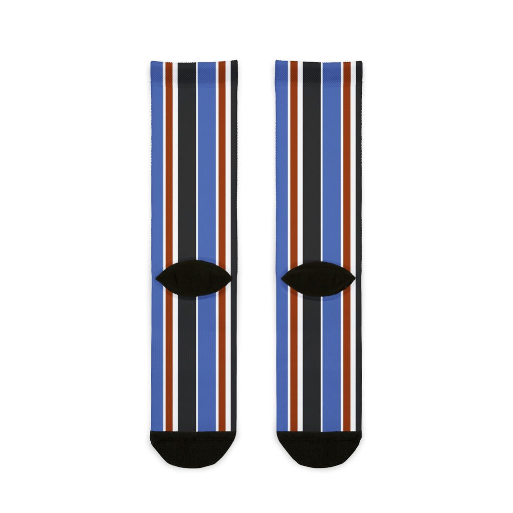 Blue Orange White Black Retro Stripe Crew Socks — Classic Vertical Stripe Socks for Everyday Wear