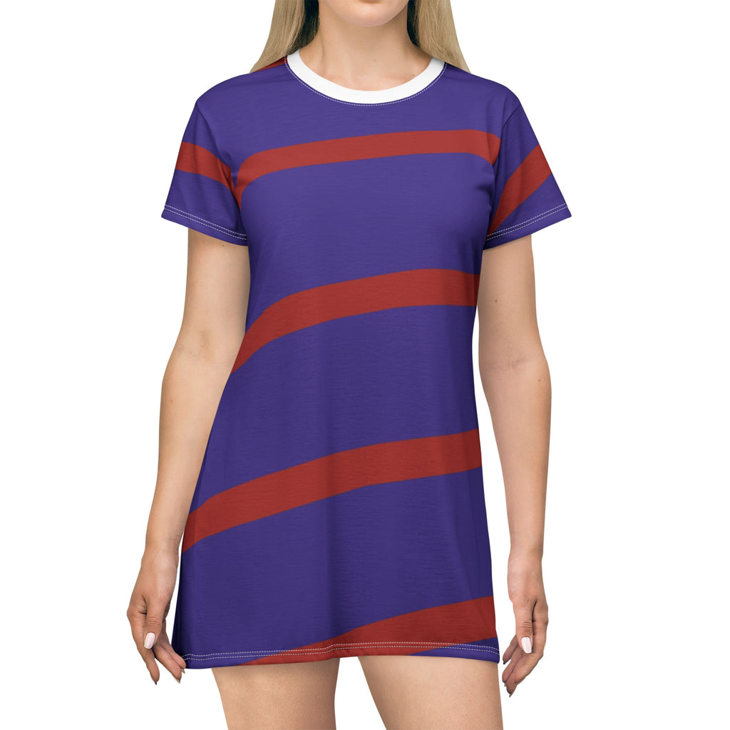 Purple & Red Diagonal Stripe T-Shirt Dress — Casual Graphic Dress