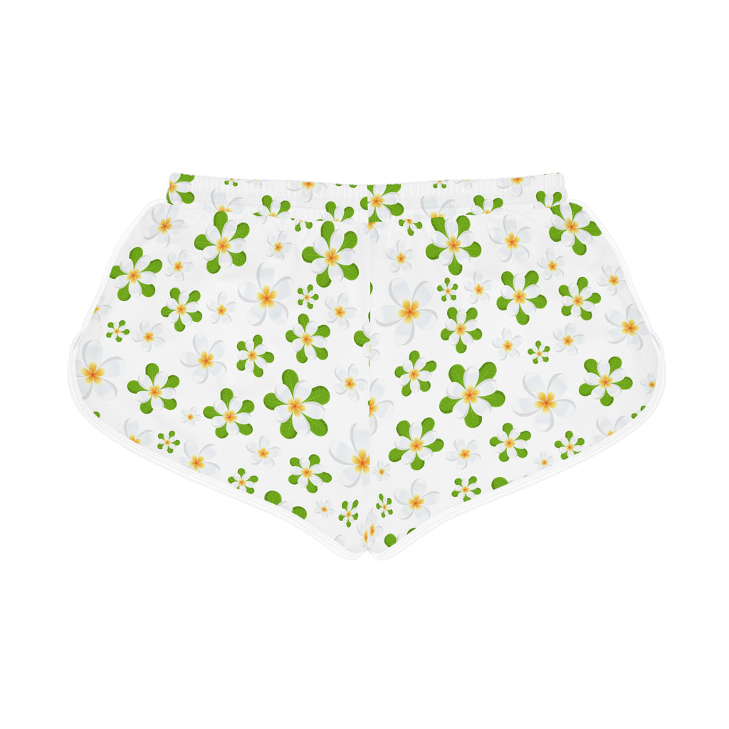 Floral Daisy Lounge Shorts — White Green All-Over Print Relaxed Shorts