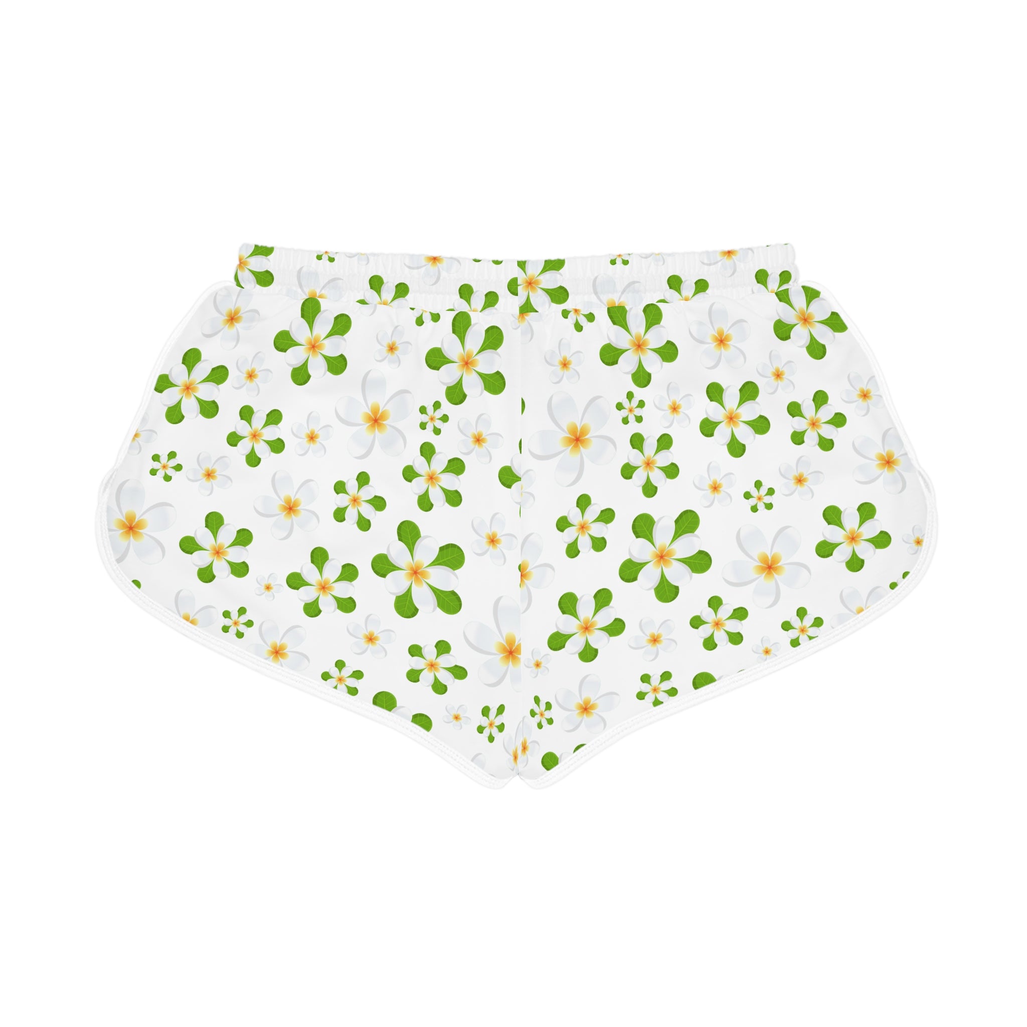 Floral Daisy Lounge Shorts — White Green All-Over Print Relaxed Shorts